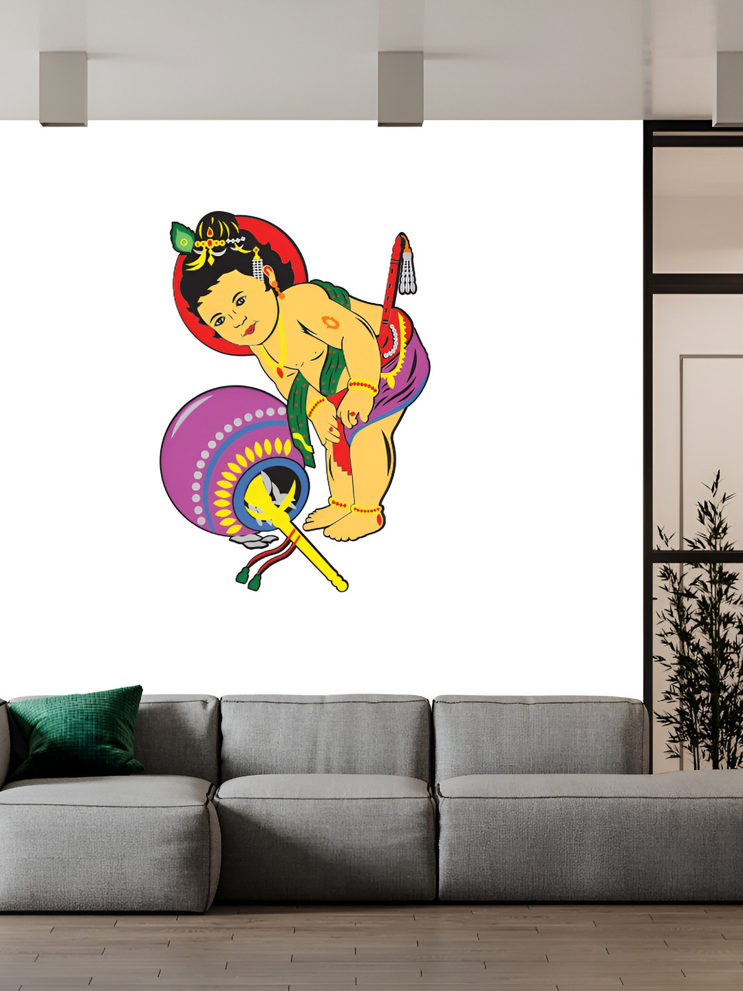 Wallpics Yellow & Purple Ladoo Gopal Printed Waterproof Wall Sticker