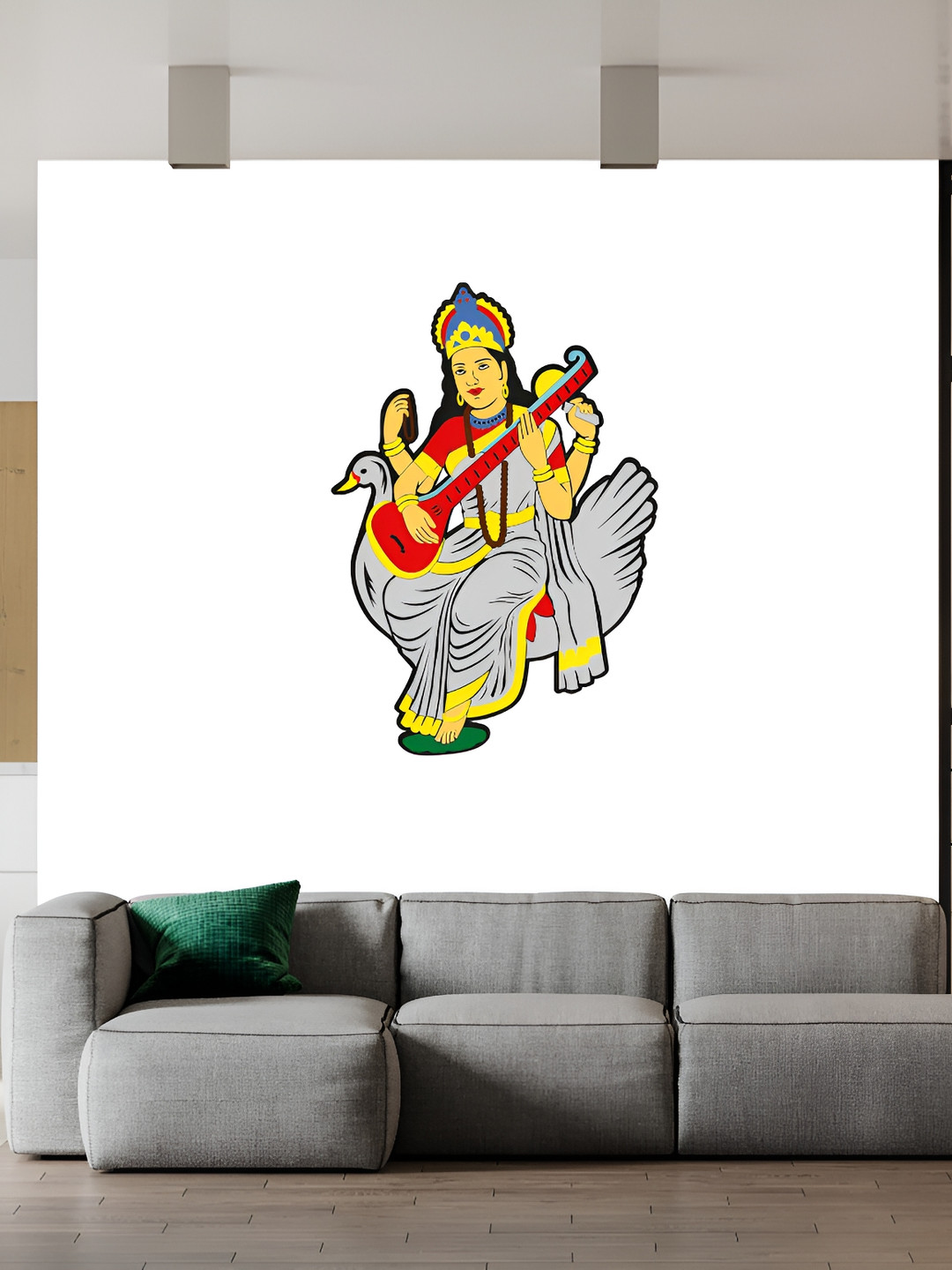 Wallpics Grey & Red Goddess Saraswathi Printed Religious Waterproof Wall Sticker