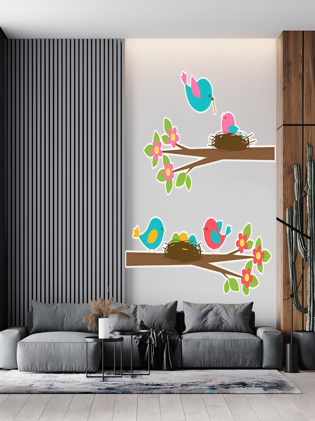 Wallpics Brown & Blue Bird Nest on Branch Art Water Resistant Wall Sticker