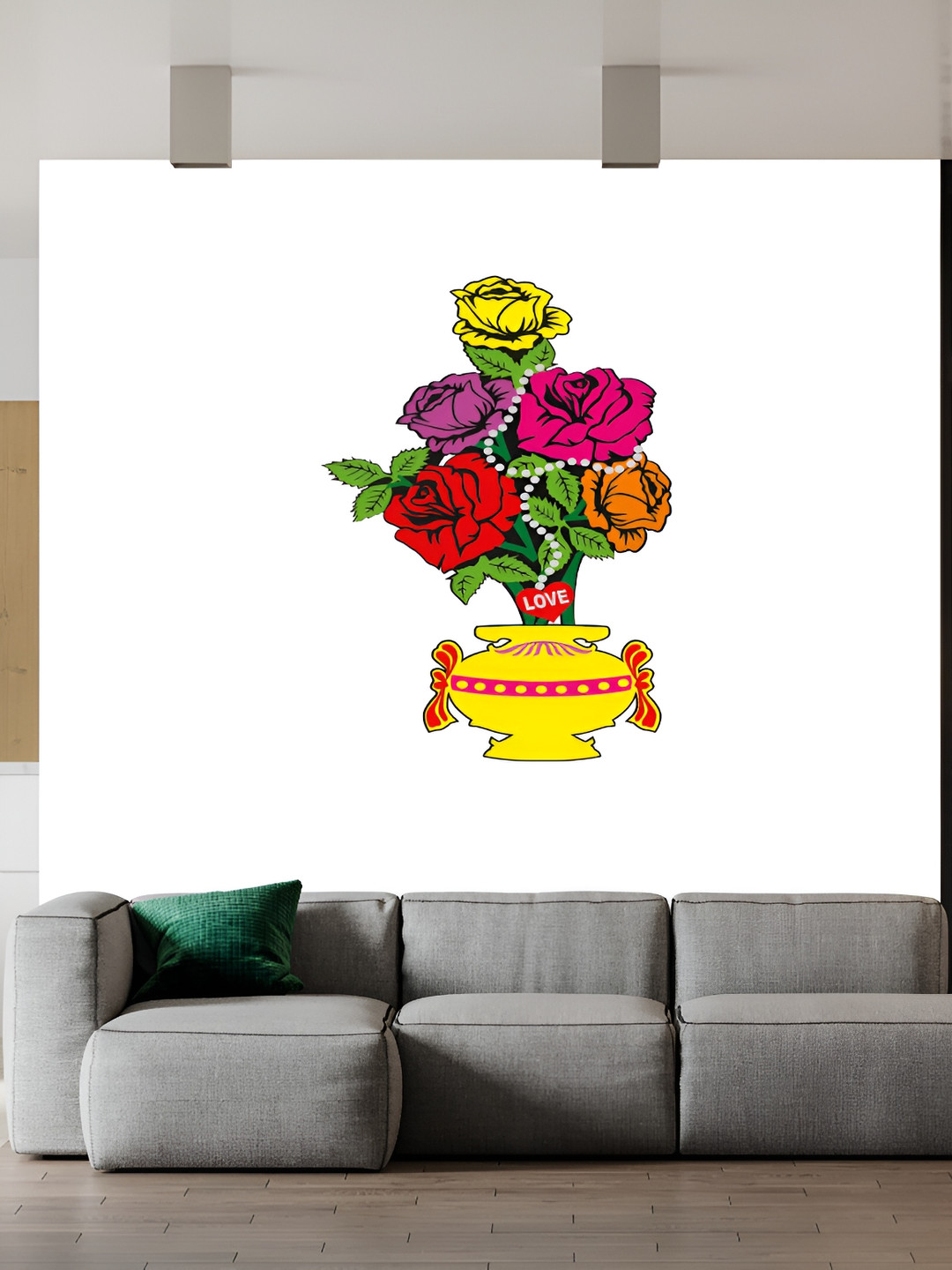 Wallpics Red & Yellow Flower Pot Printed Waterproof Wall Sticker
