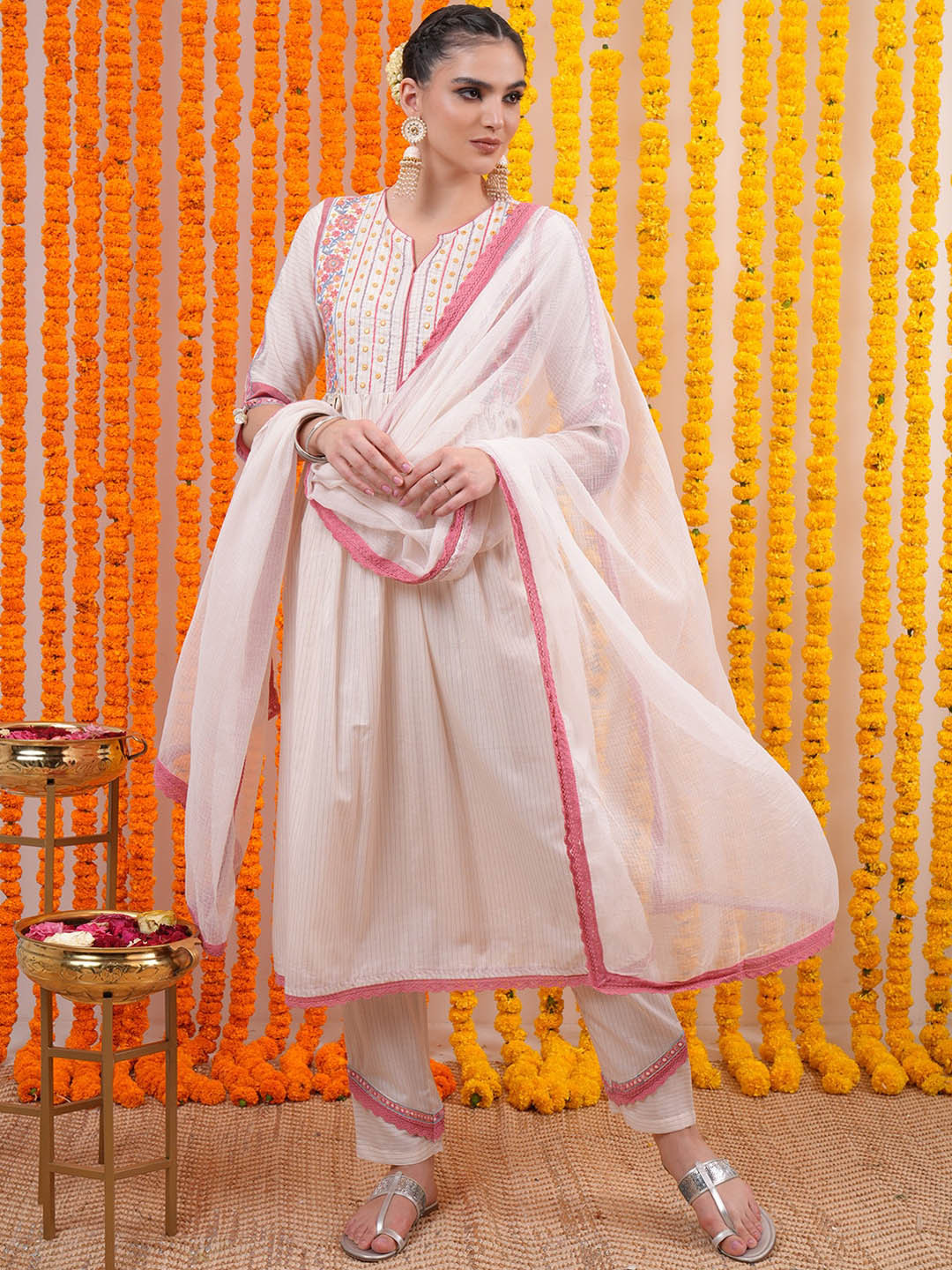 Vishudh Cream-Coloured Striped Pure Cotton A-Line Kurta & Palazzos With Dupatta