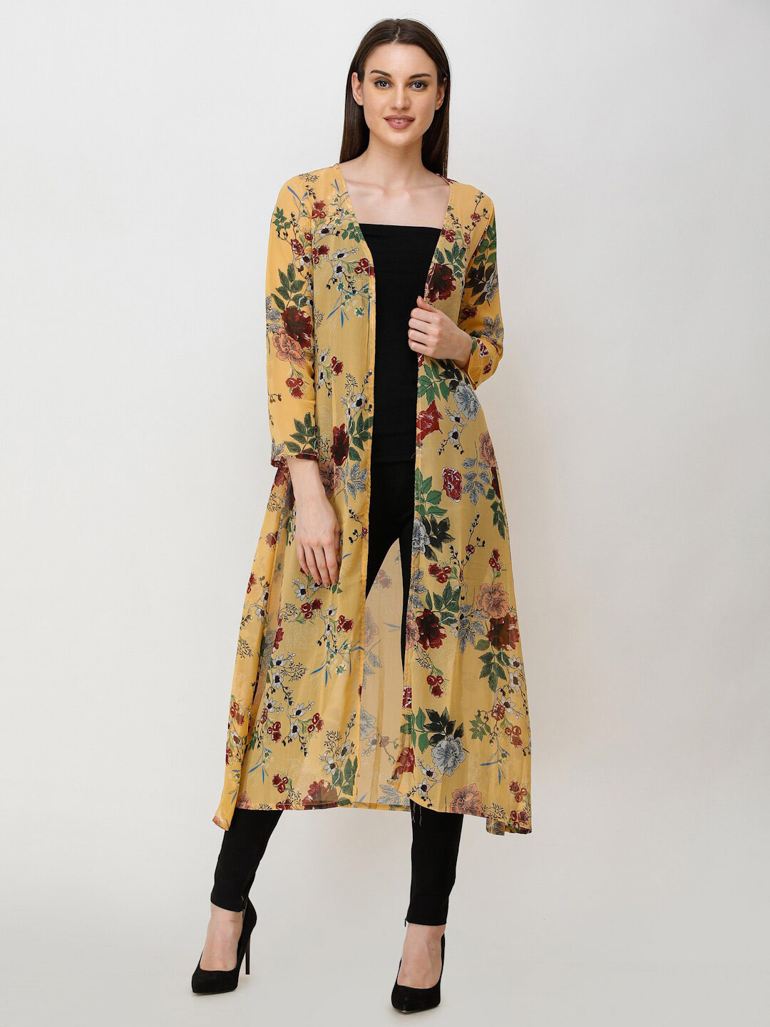 MINOS Floral Printed Sheer Longline Open Front Shrug
