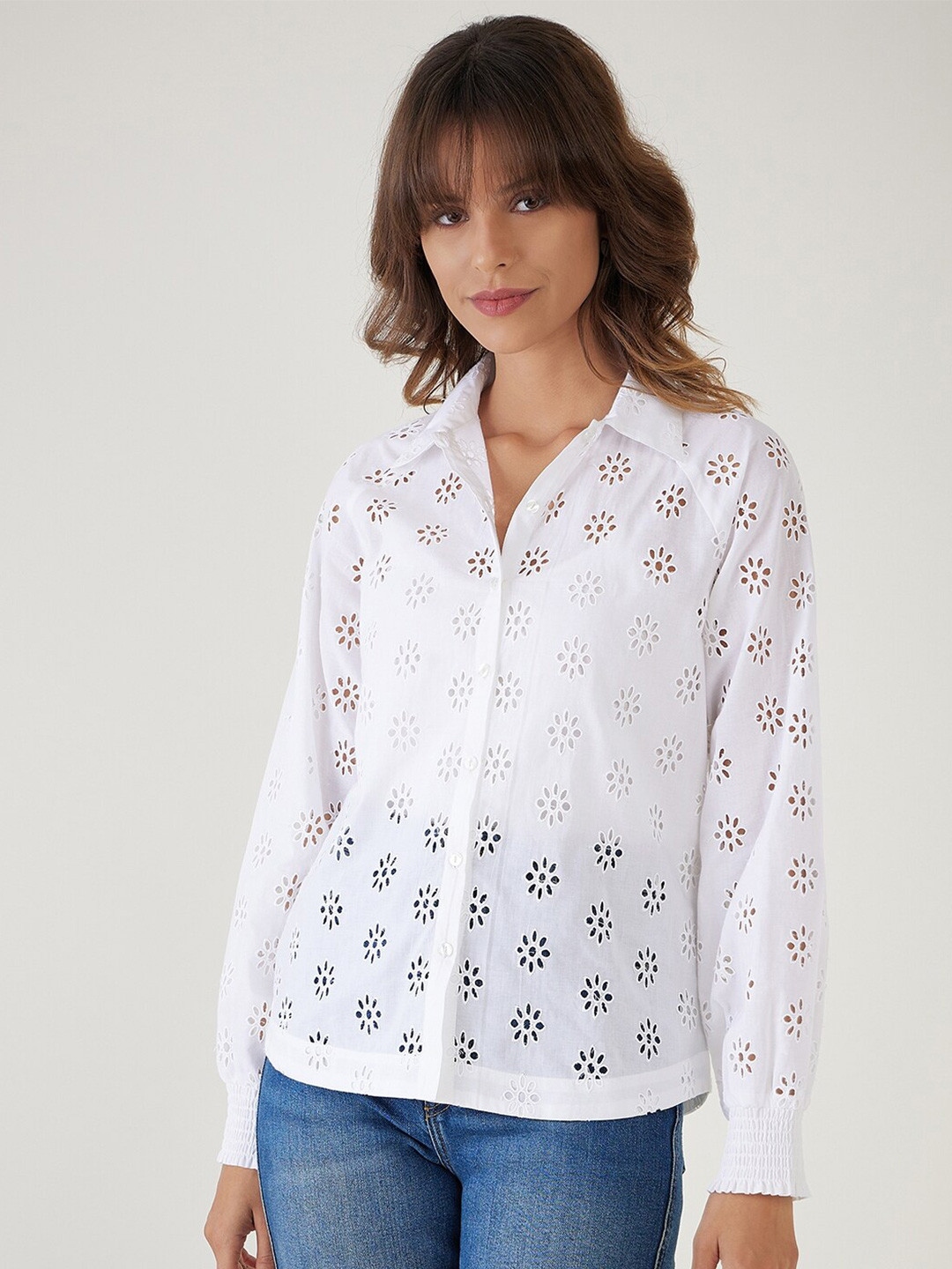 JEFF COOPER Spread Collar Floral Self Design Casual Pure Cotton Shirt