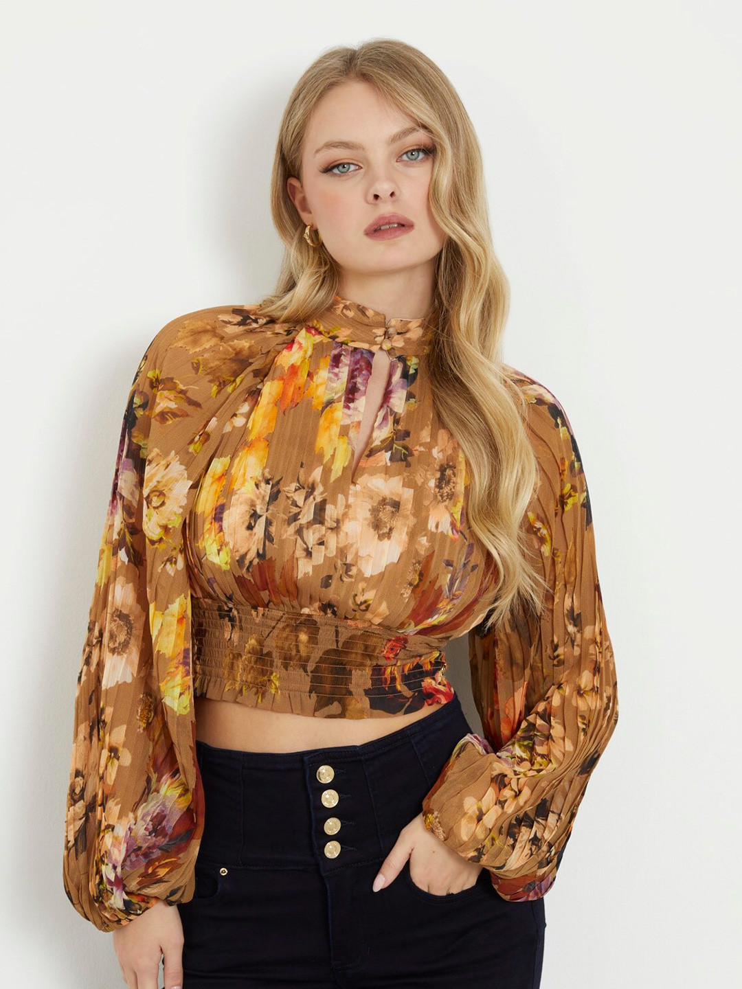 GUESS Mock Neck Long Puff Sleeves Animal Printed Regular Fit Crop Shirt