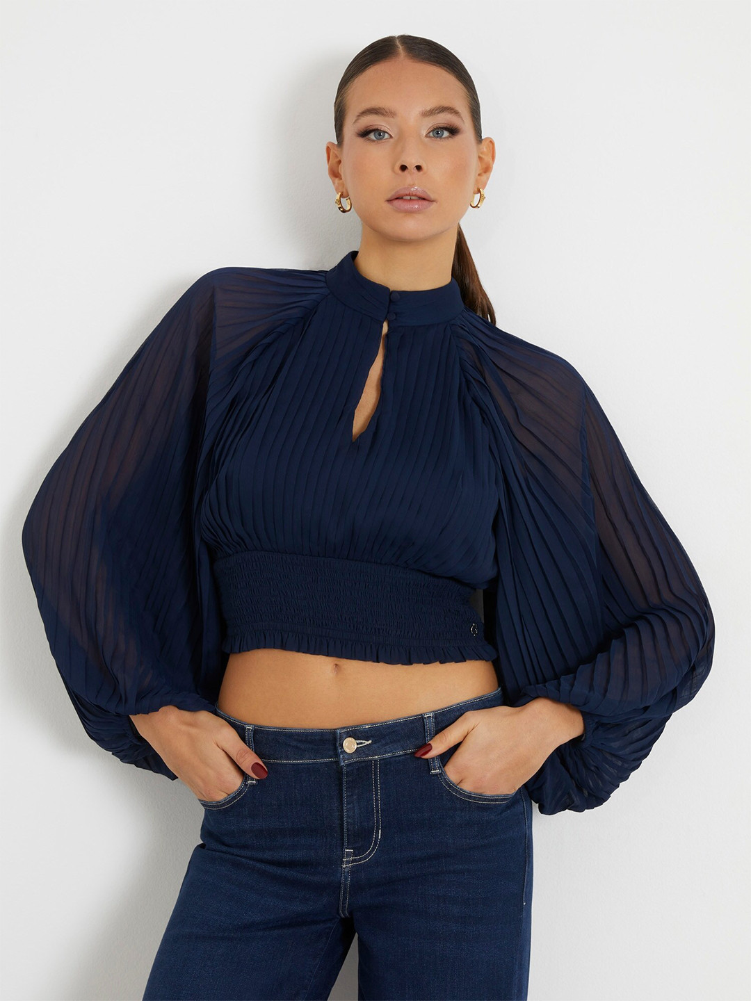 GUESS Mock Neck Long Puff Sleeves Regular Fit Crop Shirt