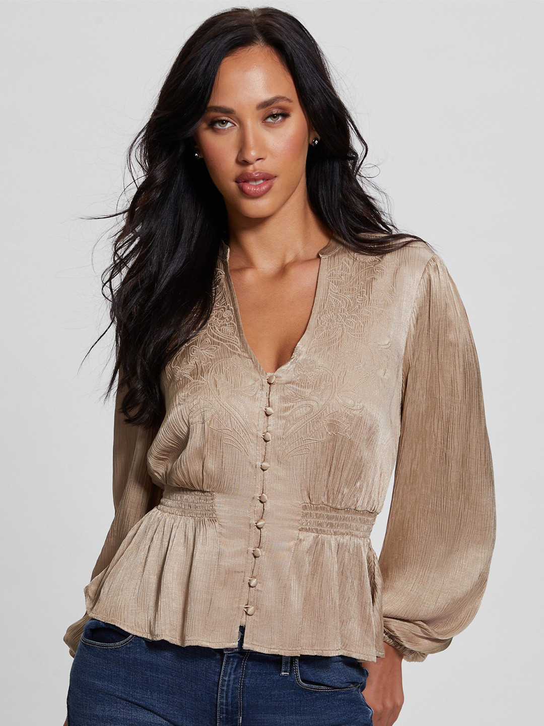 GUESS Mandarin Collar Long Puff Sleeves Regular Fit Casual Shirt