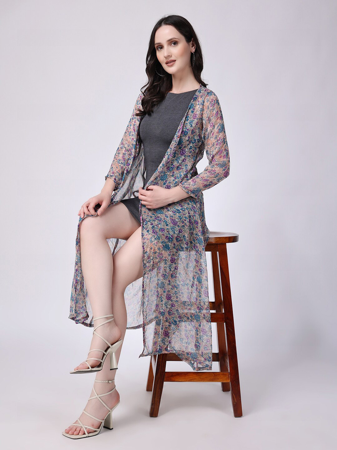 SCORPIUS Printed Chiffon Open Front Longline Shrug