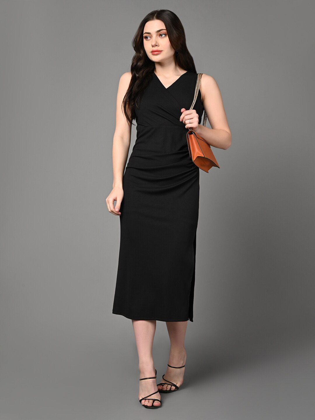 Justin Whyte V-neck Fitted Sheath Midi Dress