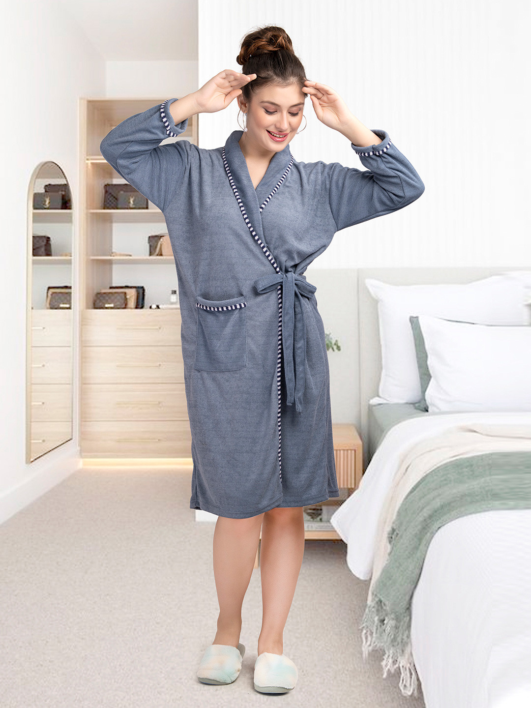 HotGown Double Blue Solid Cotton Drawstring Knee Length Bath Robe