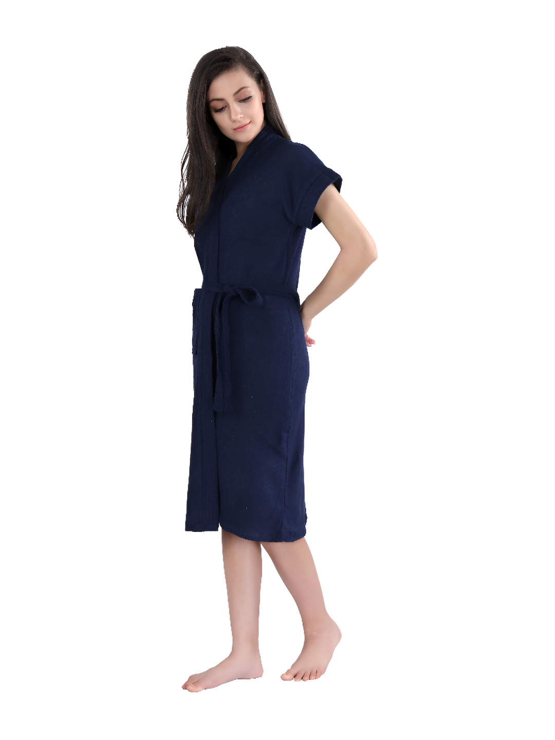 HotGown Navy Blue Solid Cotton Drawstring Knee Length Bath Robe