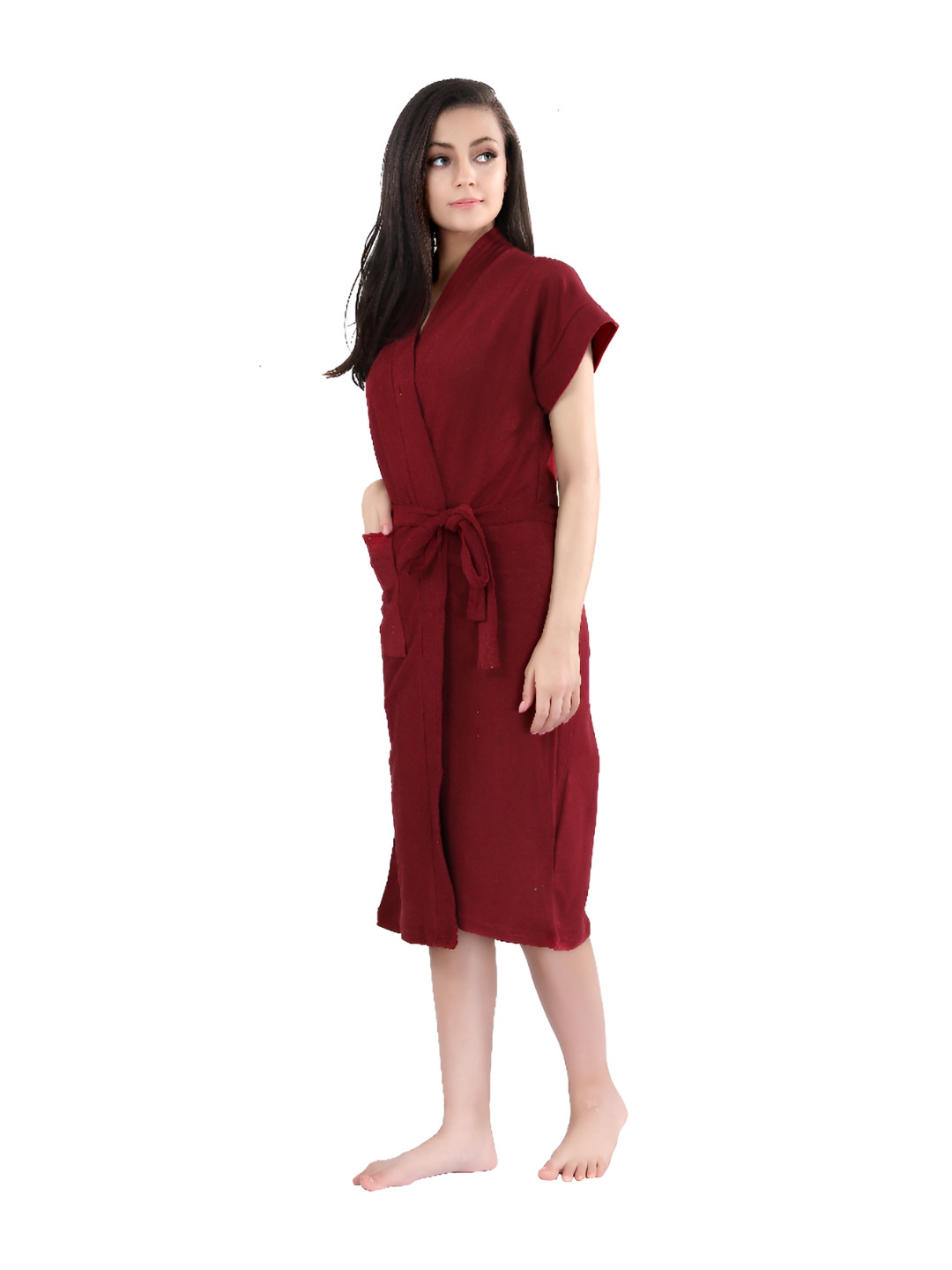 HotGown Maroon Pure Terry Cotton Half Sleeves Bathrobe