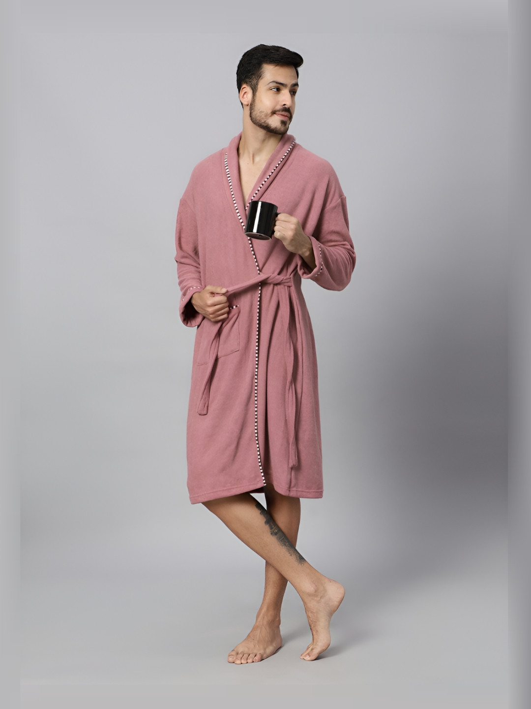 HotGown Double Mauve Solid Cotton Drawstring Knee Length Bath Robe
