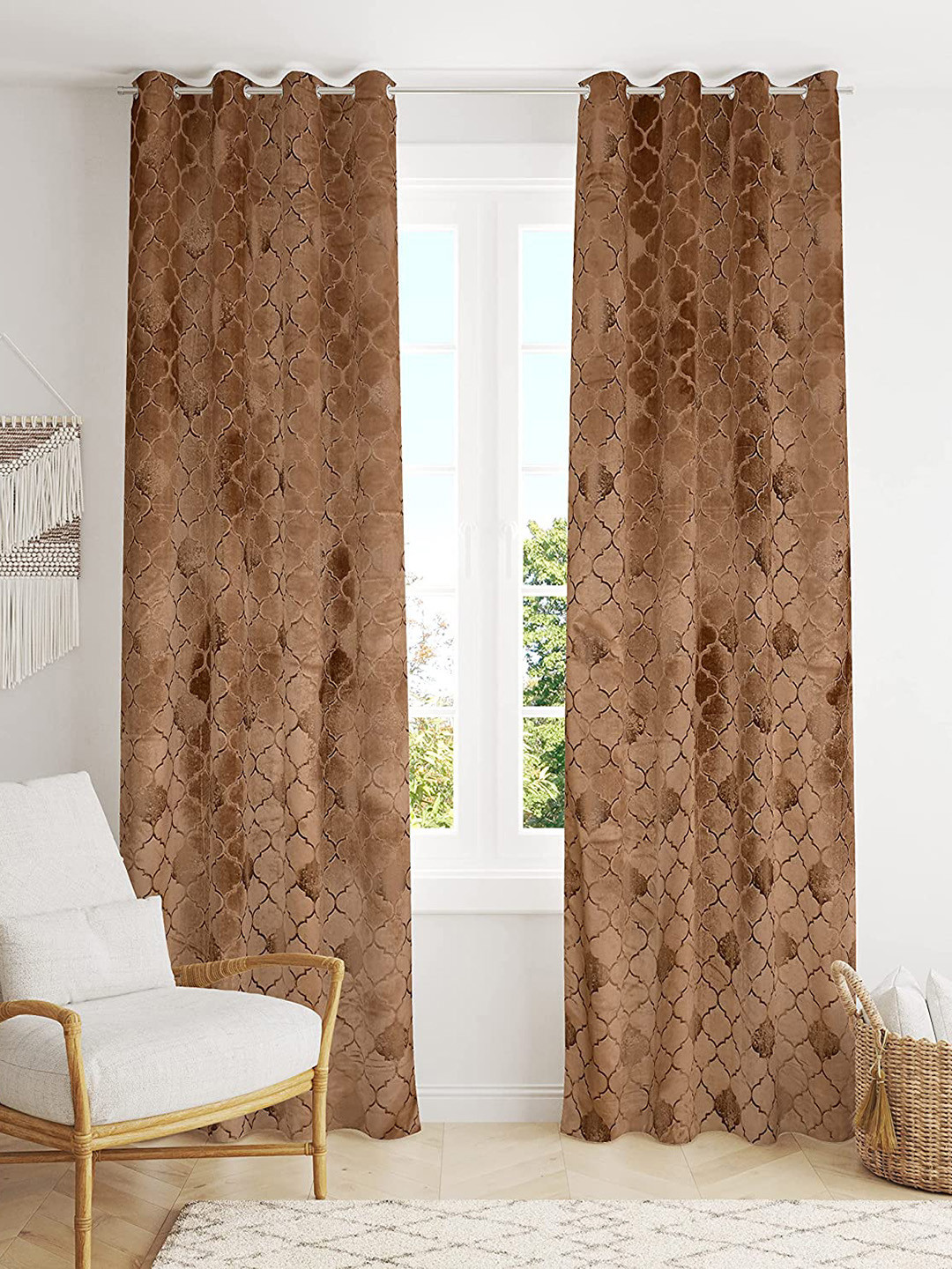 RIDHAAN Brown 2 Pieces Floral Textured Room Darkening Velvet Door Curtains