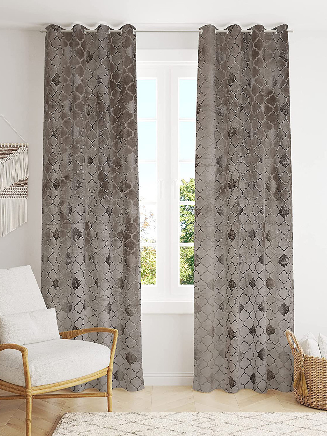 RIDHAAN Grey 2 Pieces Textured Room Darkening Velvet Door Curtains