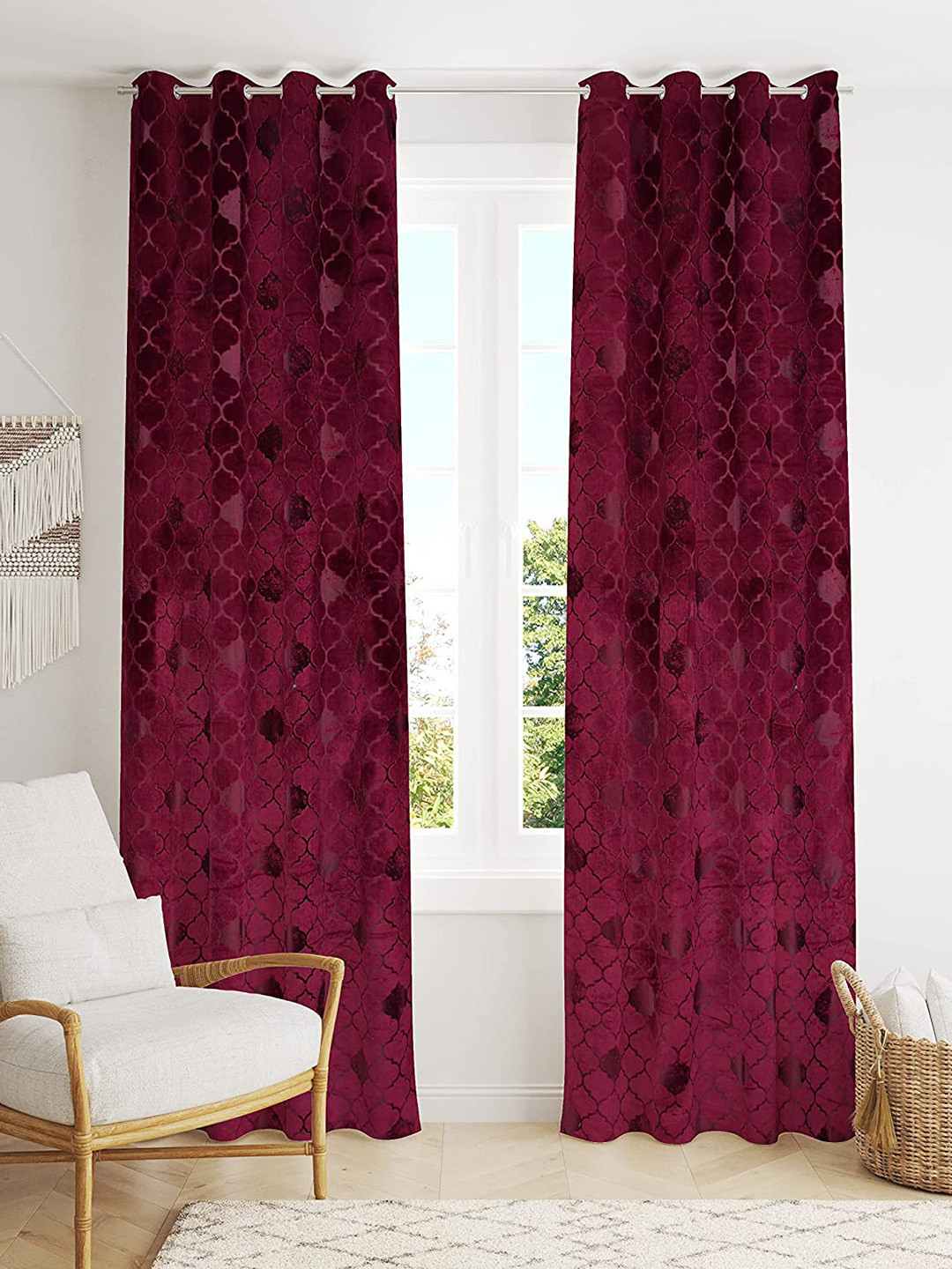 RIDHAAN Burgundy 2 Pieces Ethnic Motifs Black Out Door Curtains
