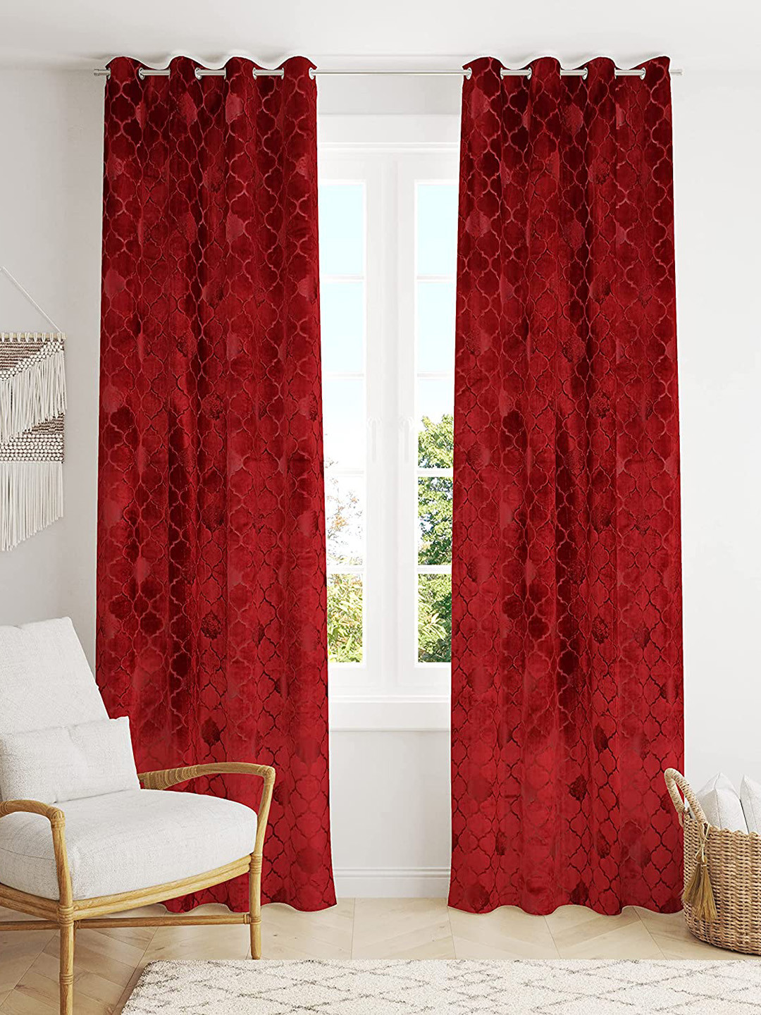 RIDHAAN Maroon 2 Pieces Textured Room Darkening Velvet Long Door Curtains
