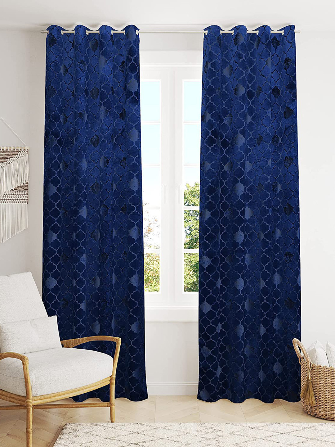 RIDHAAN Navy Blue 2 Pieces Textured Room Darkening Velvet Window Curtains