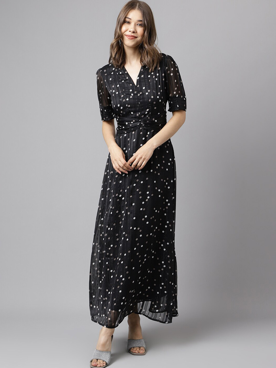 Latin Quarters Polka Dot Printed Puff Sleeve Maxi Dress
