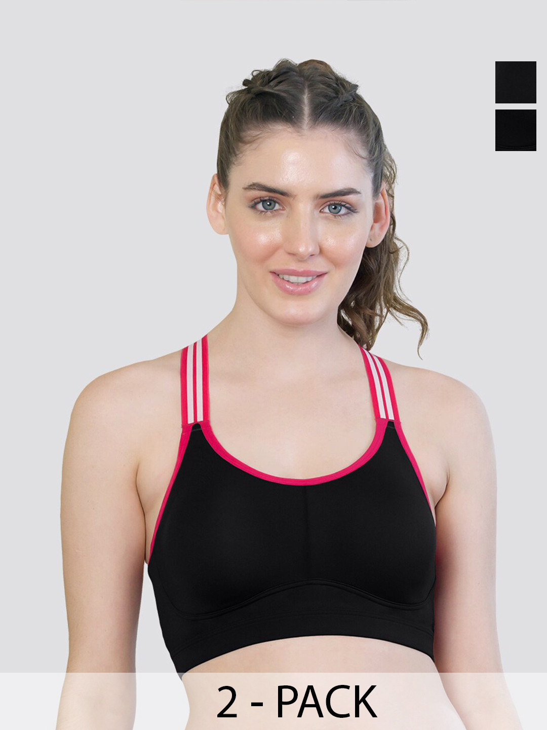K LINGERIE Pack of 2 Charlet Criss-Cross Back Cookie Sports Bra BLK-BLK