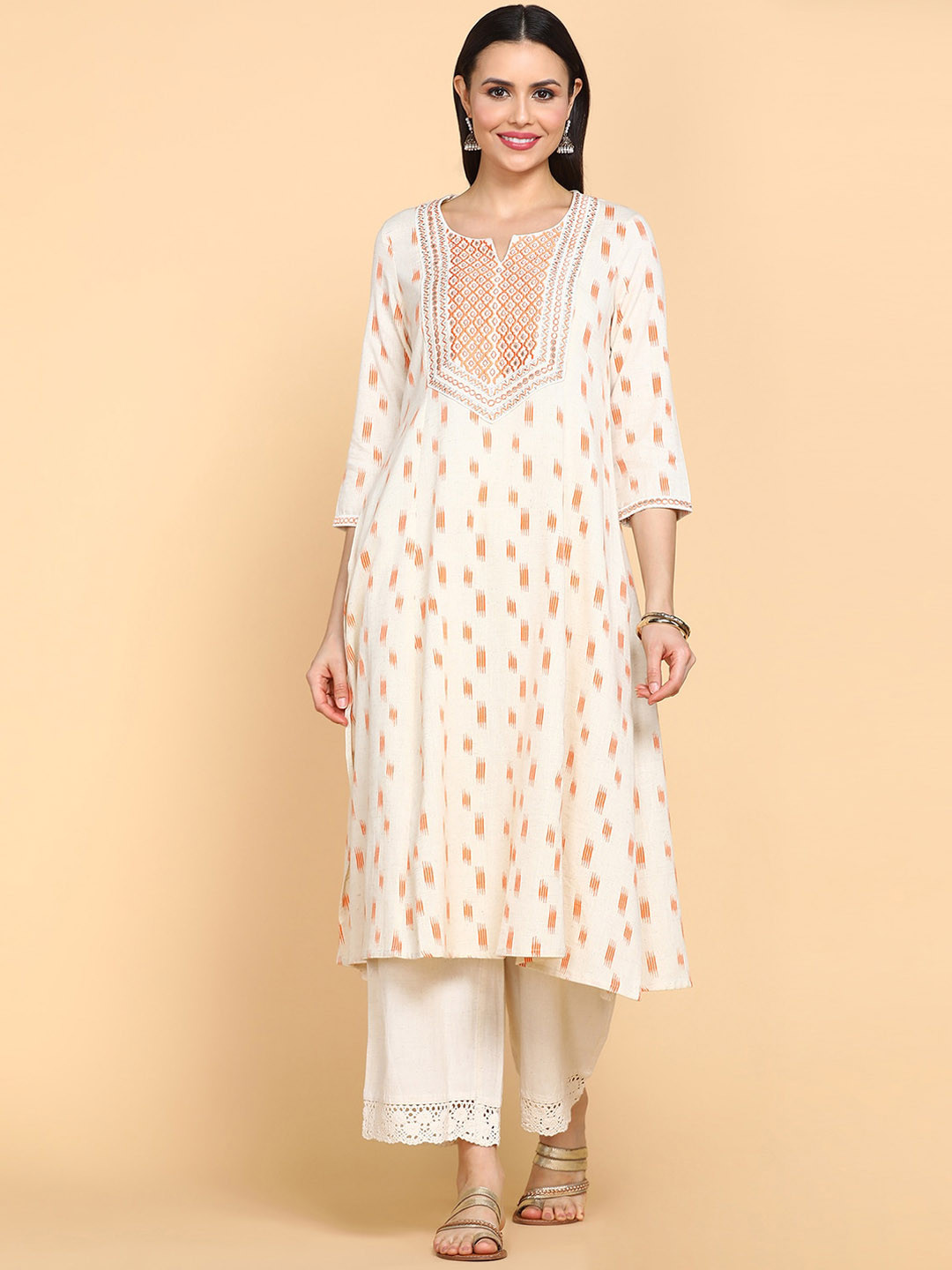 aturabi Abstract Printed Round Neck Mirror Work Pure Cotton A-Line Kurta