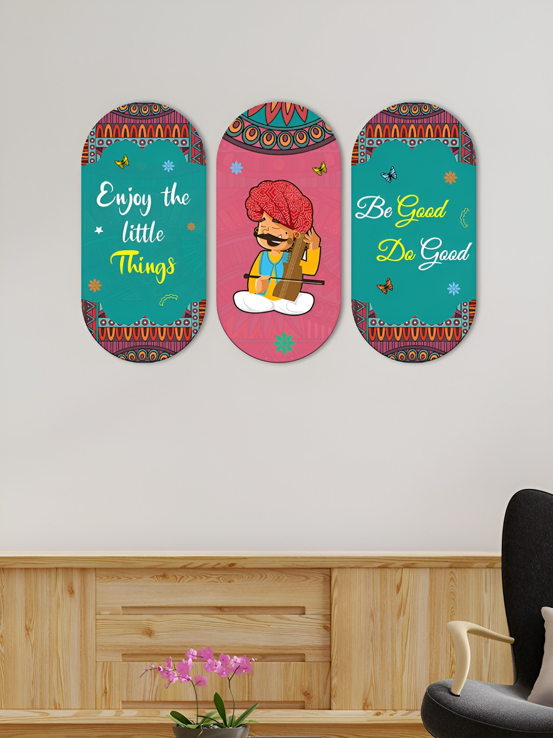 ArtVibes Little Things Quotes Wood Ethnic Motifs Matte Hall 3Pcs Wall Hangings-11.5In