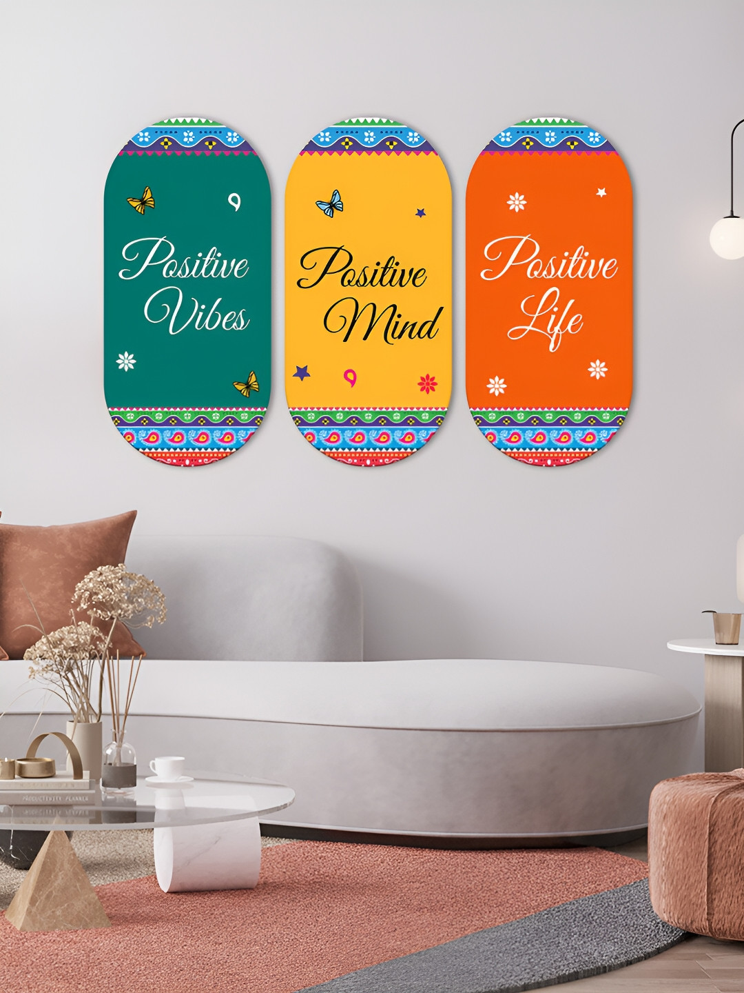 ArtVibes Positive Life Quotes Wood Ethnic Motifs Glossy Hall 3Pcs Wall Hangings-11.5In