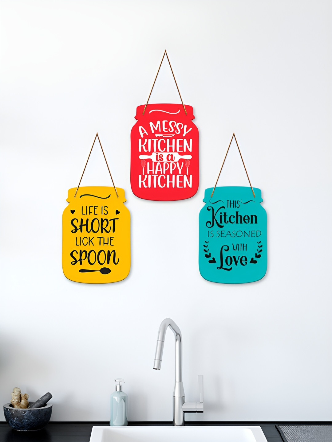 ArtVibes Messy Kitchen Quotes Wood Glossy Hanging Hall 3Pcs Wall Hangings-25In