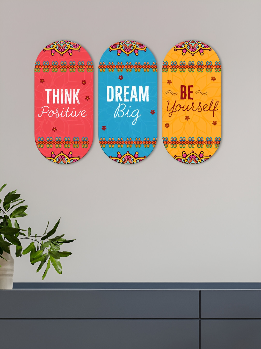 ArtVibes Be Yourself Quotes Wood Ethnic Motifs Glossy Hall 3Pcs Wall Hangings-11.5In