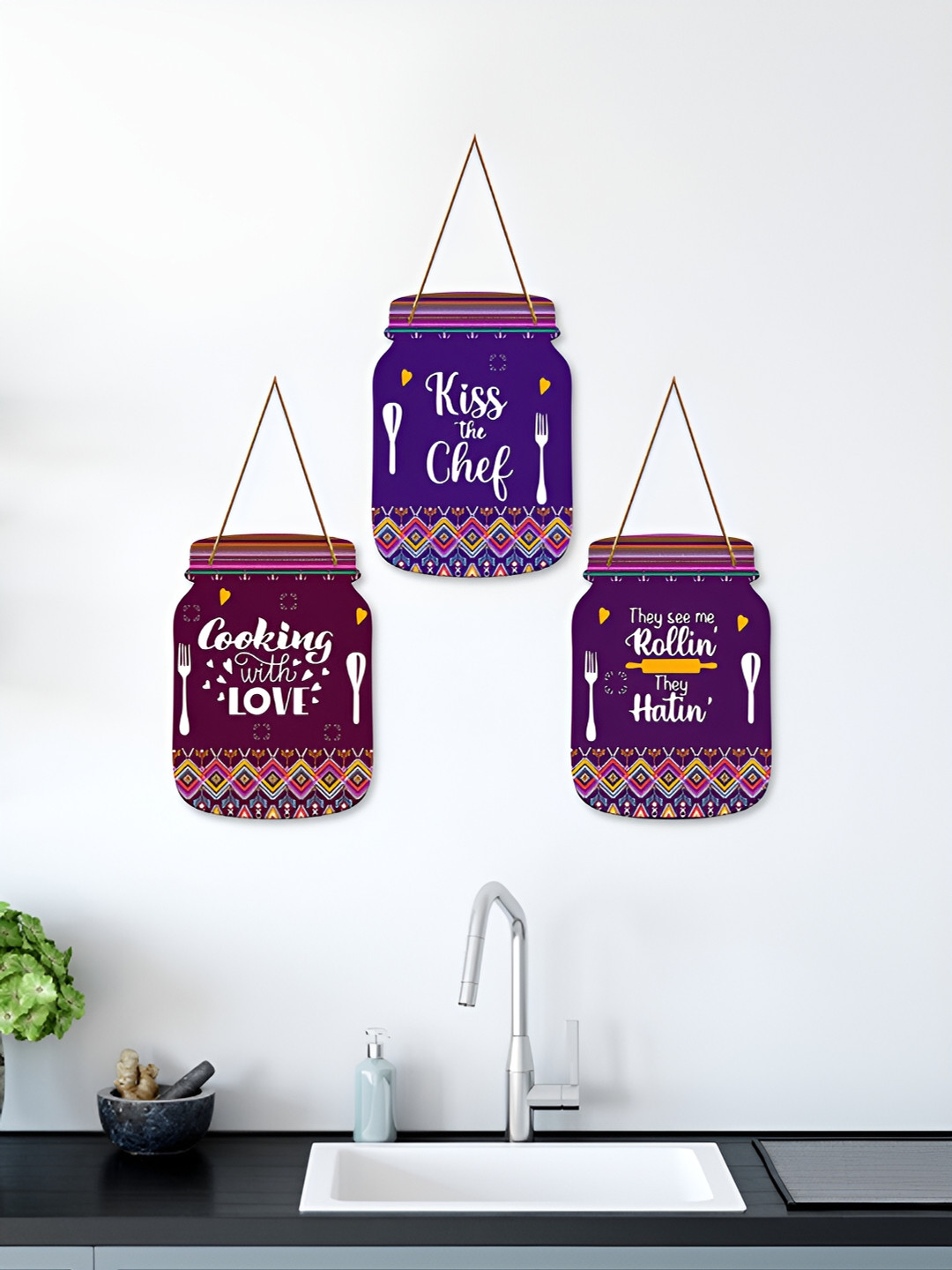 ArtVibes Kiss The Chef Quotes Wood Ethnic Motifs Matte Hall 3Pcs Wall Hangings-25In
