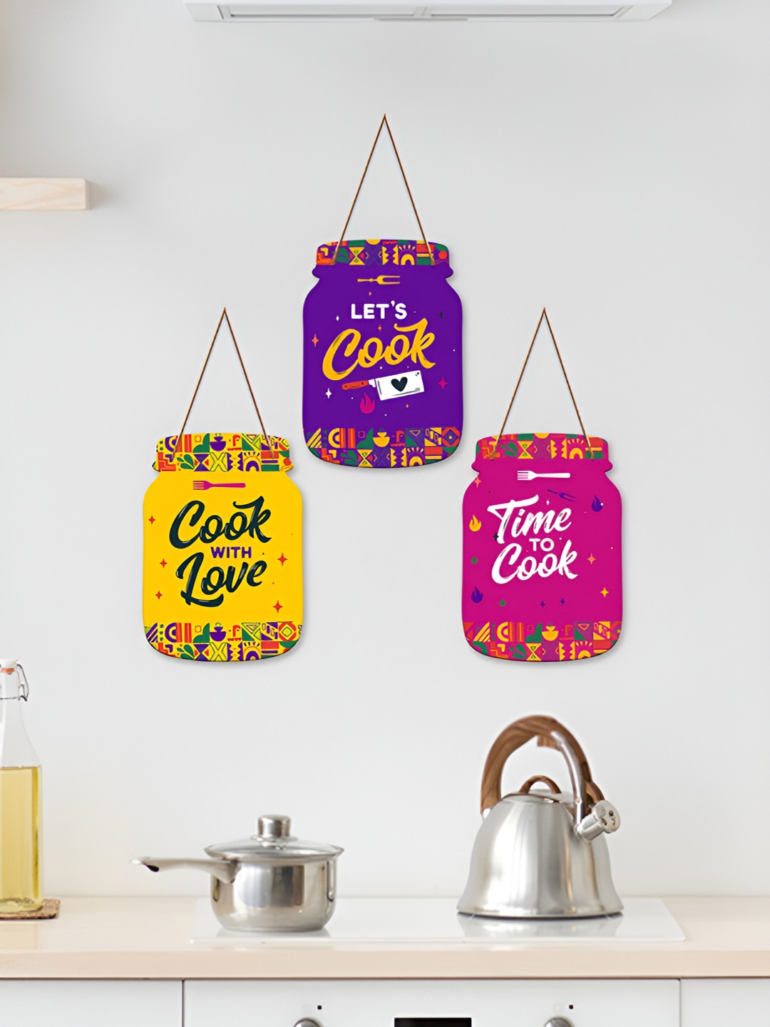 ArtVibes Cook With Love Quotes Wood Ethnic Motifs Matte Hall 3Pcs Wall Hangings-25In