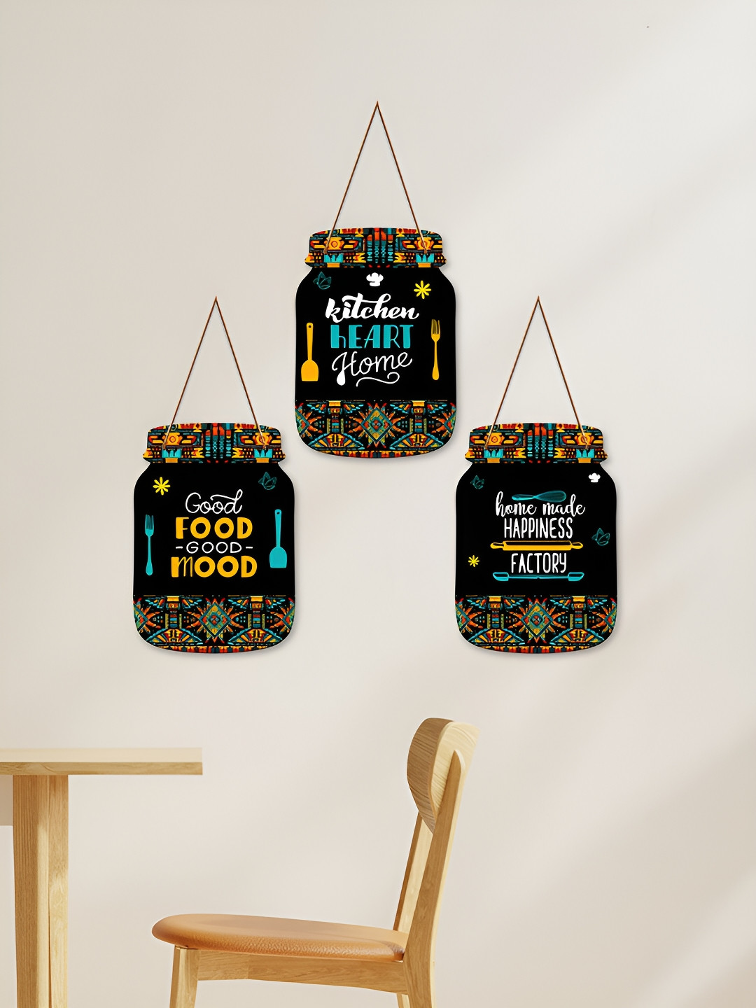ArtVibes Kitchen Heart Home Quotes Wood Ethnic Motifs Glossy Hall 3Pcs Wall Hangings-25In