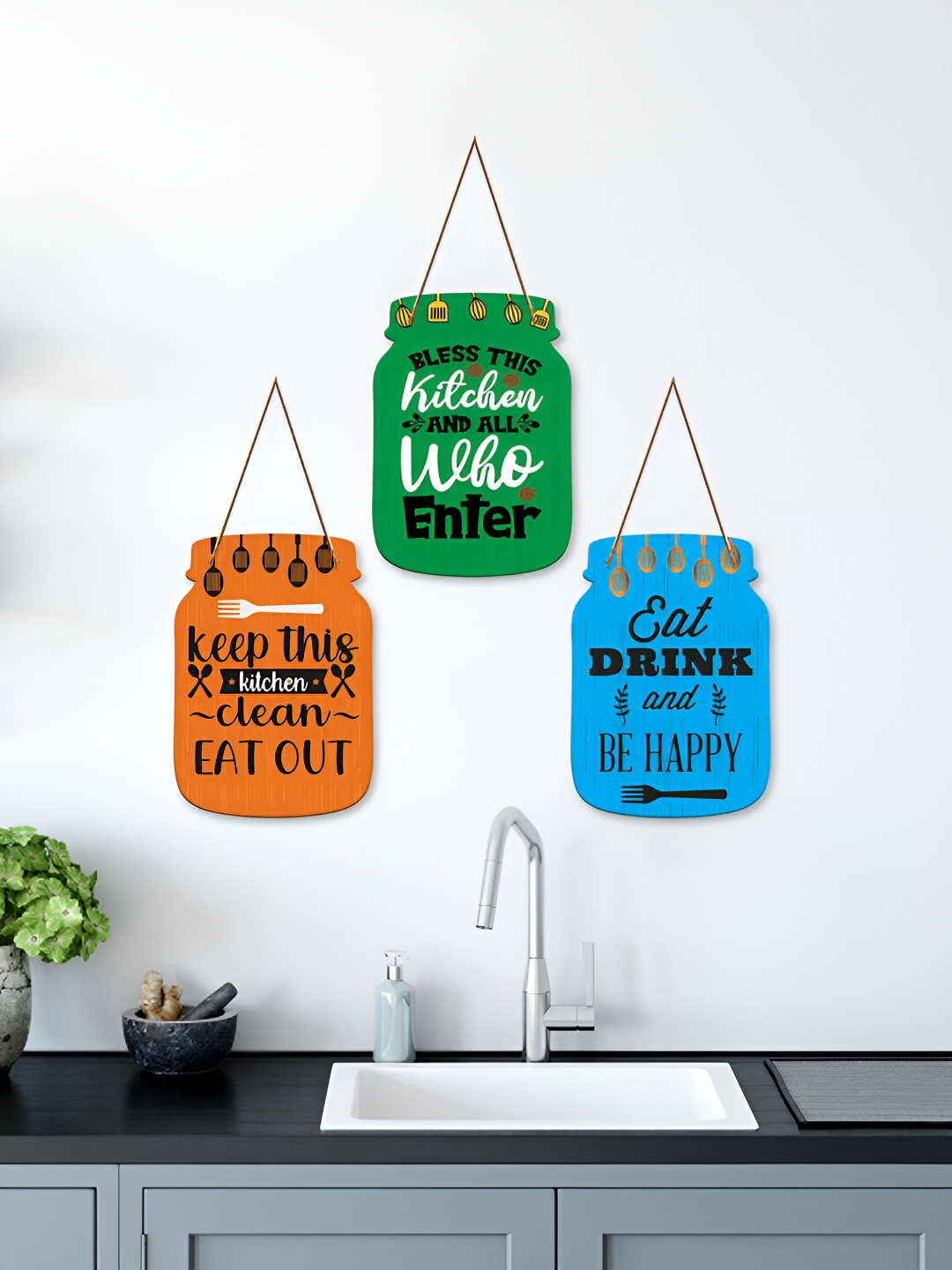 ArtVibes Bless This Kitchen Quotes Wood Matte Hanging Hall 3Pcs Wall Hangings-25In