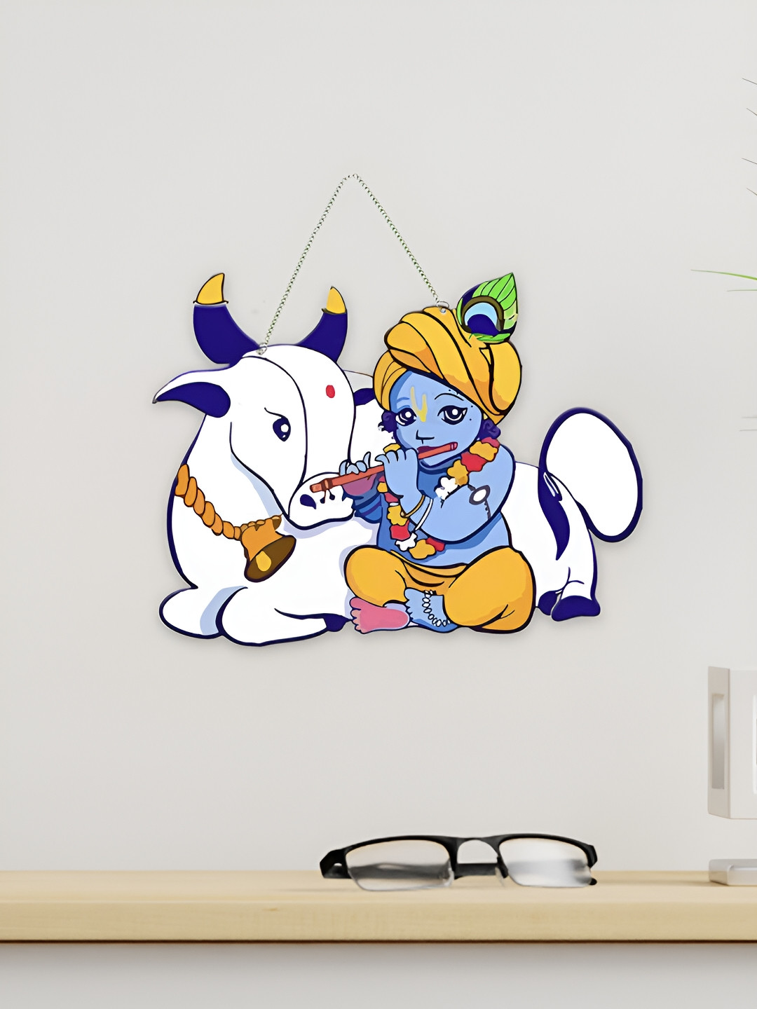 ArtVibes Little Krishna Sitting With Cow Wood Ethnic Motifs Matte Spiritual Wall Decor-9In