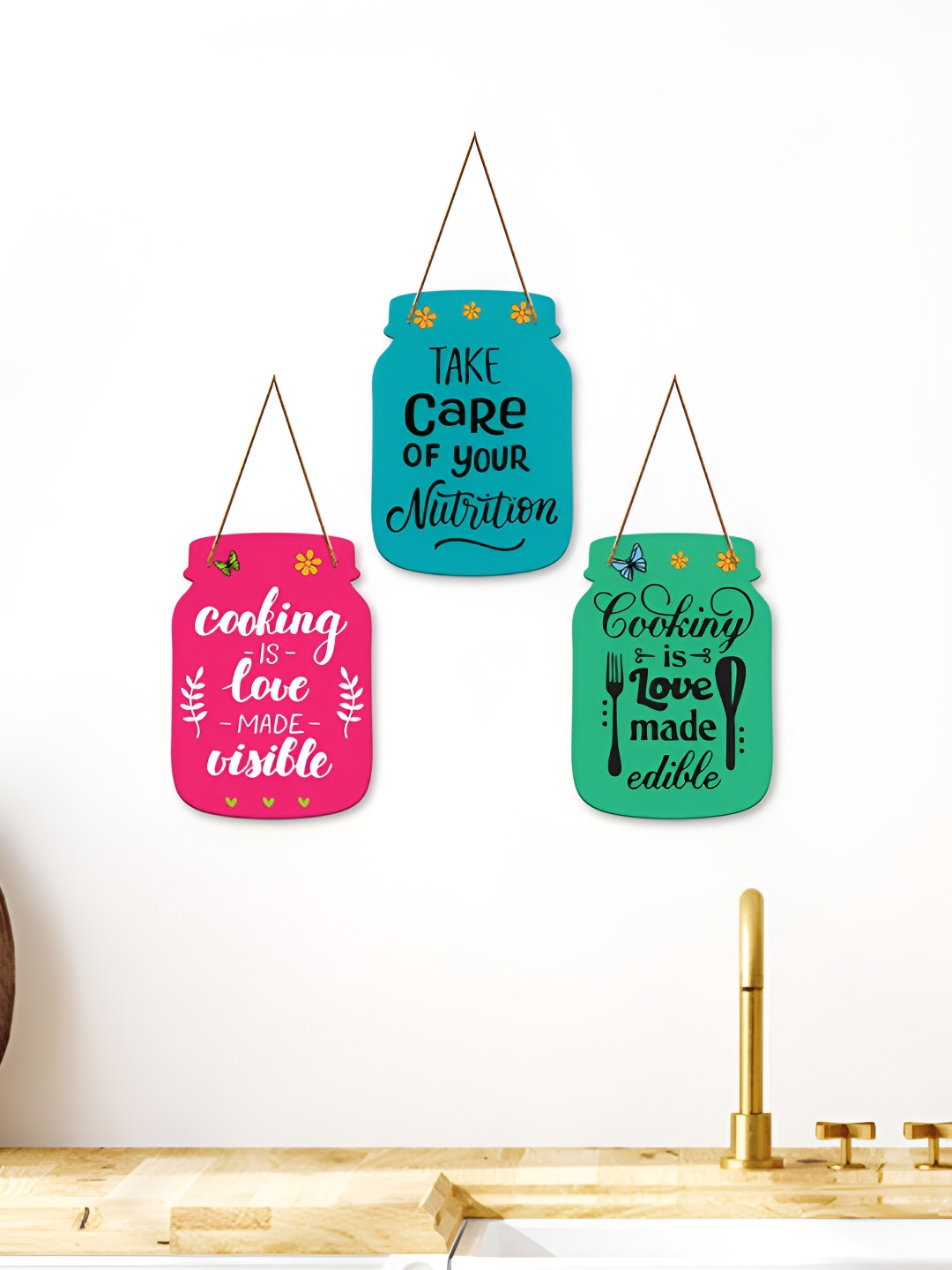 ArtVibes Take Care Quotes Wood Floral Matte Hall 3Pcs Wall Hangings-25In