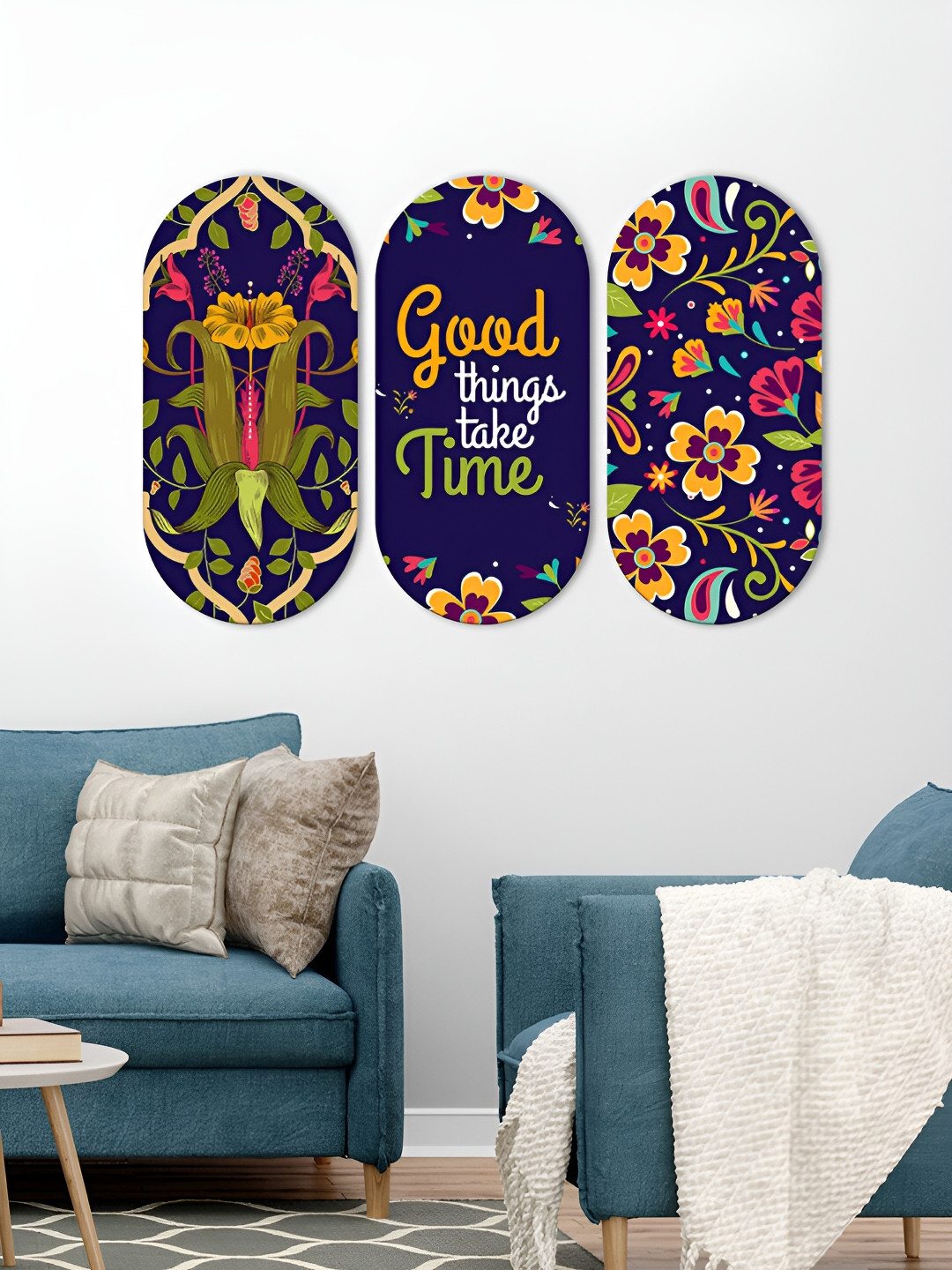 ArtVibes Time Quotes Wood Floral Matte Hanging Hall 3Pcs Wall Hangings-11.5In