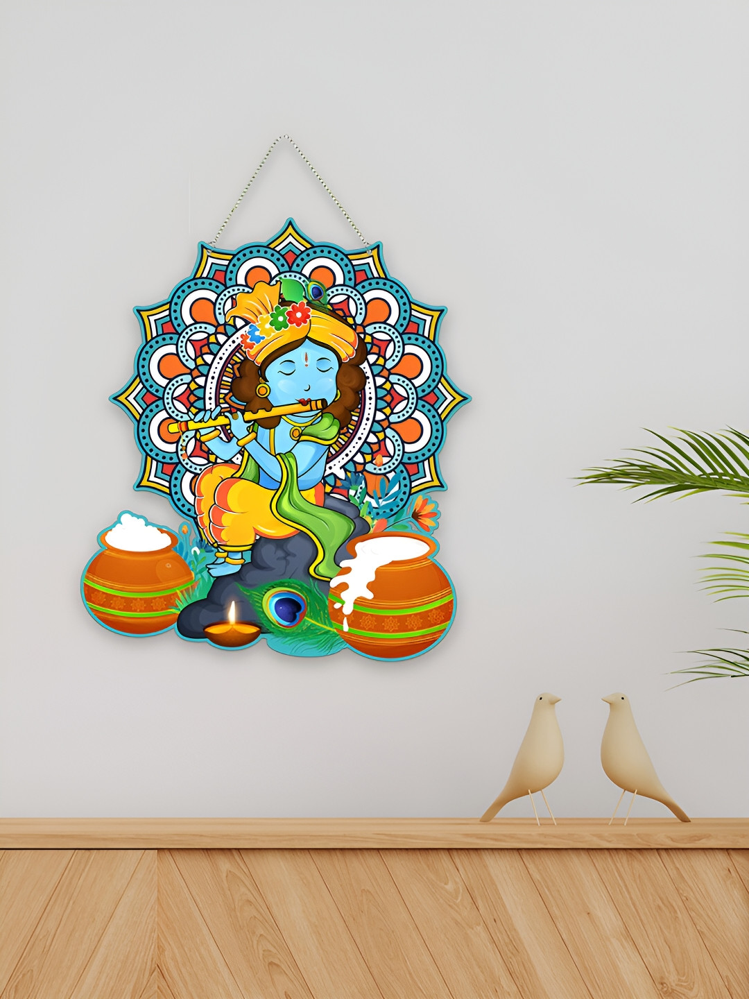 ArtVibes Krishna Playing Flute Wood Ethnic Motifs Matte Hall Spiritual Wall Decor-14In