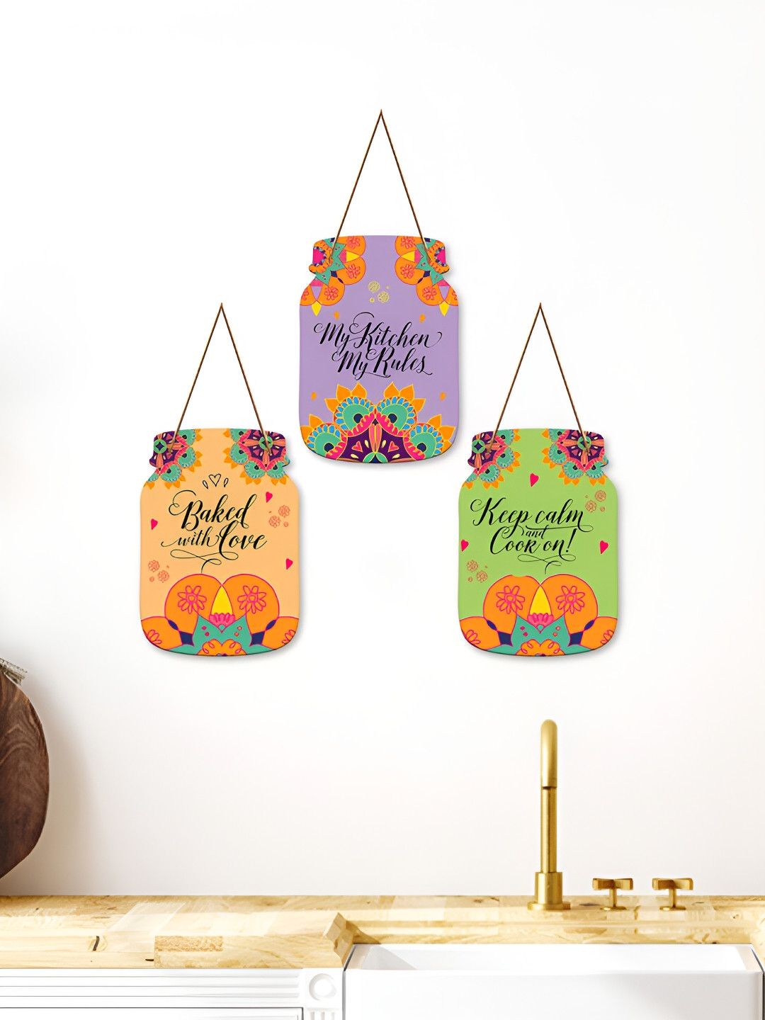 ArtVibes Keep Calm Quotes Wood Ethnic Motifs Matte Hanging Hall 3Pcs Wall Hangings-8In