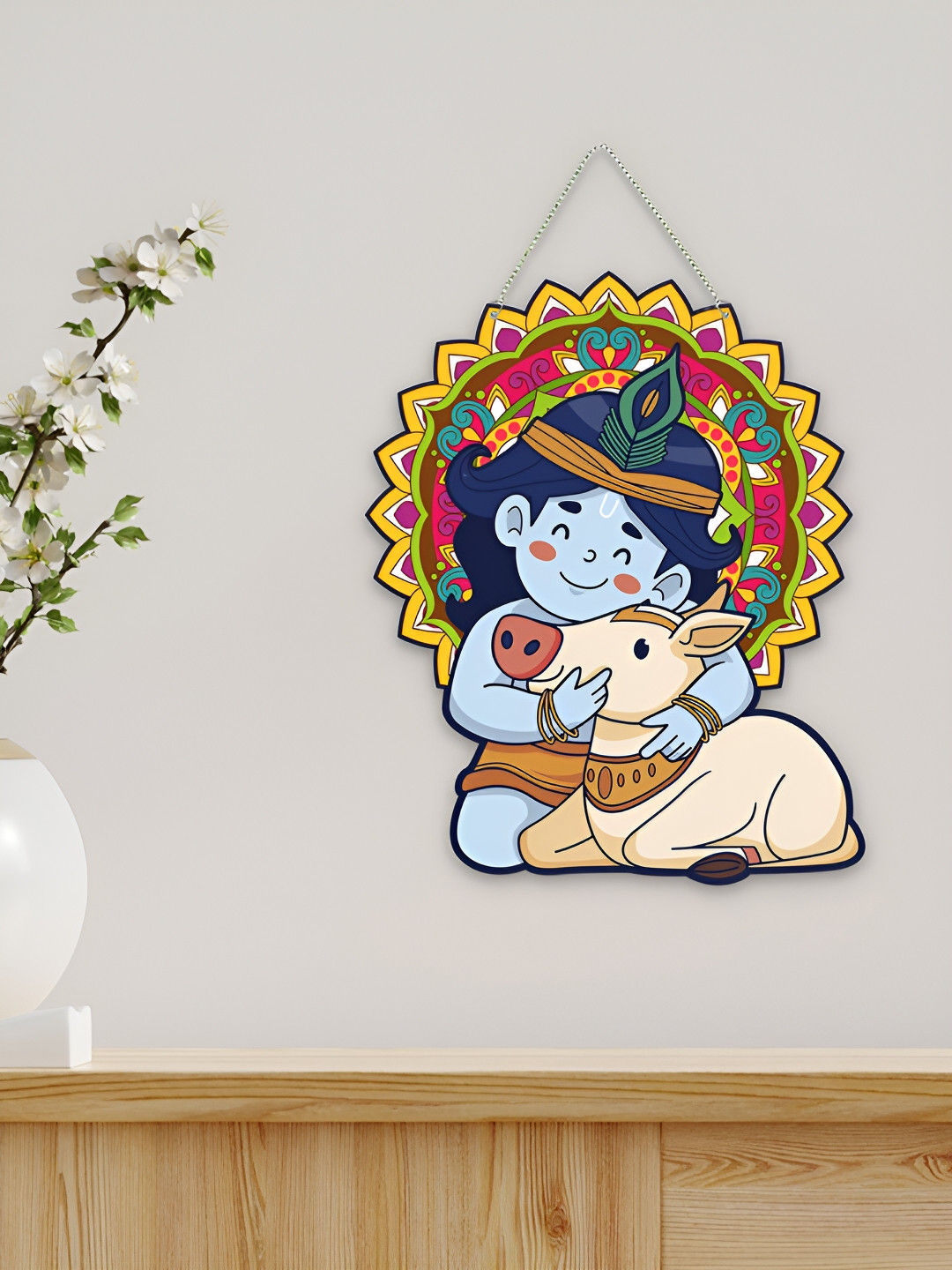 ArtVibes Cute Krishna Decorative Wood Ethnic Motifs Matte Hall Spiritual Wall Decor-15In