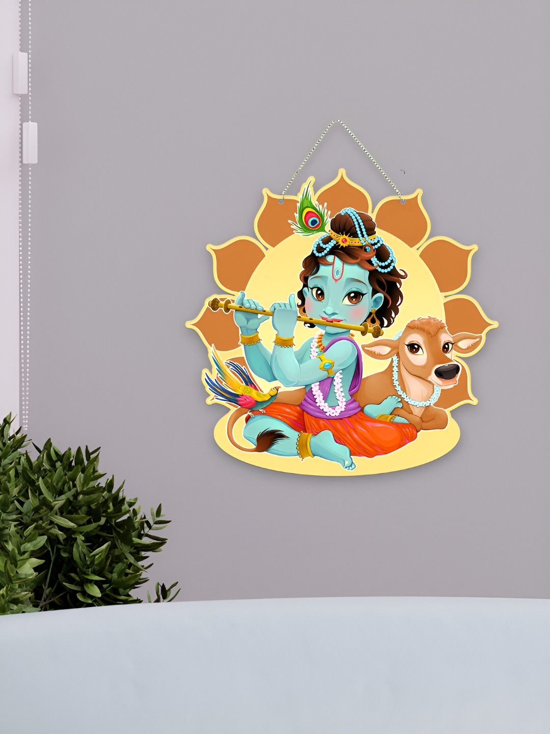 ArtVibes Bal Krishna Playing Flute Wood Ethnic Motifs Matte Hall Spiritual Wall Decor-12In