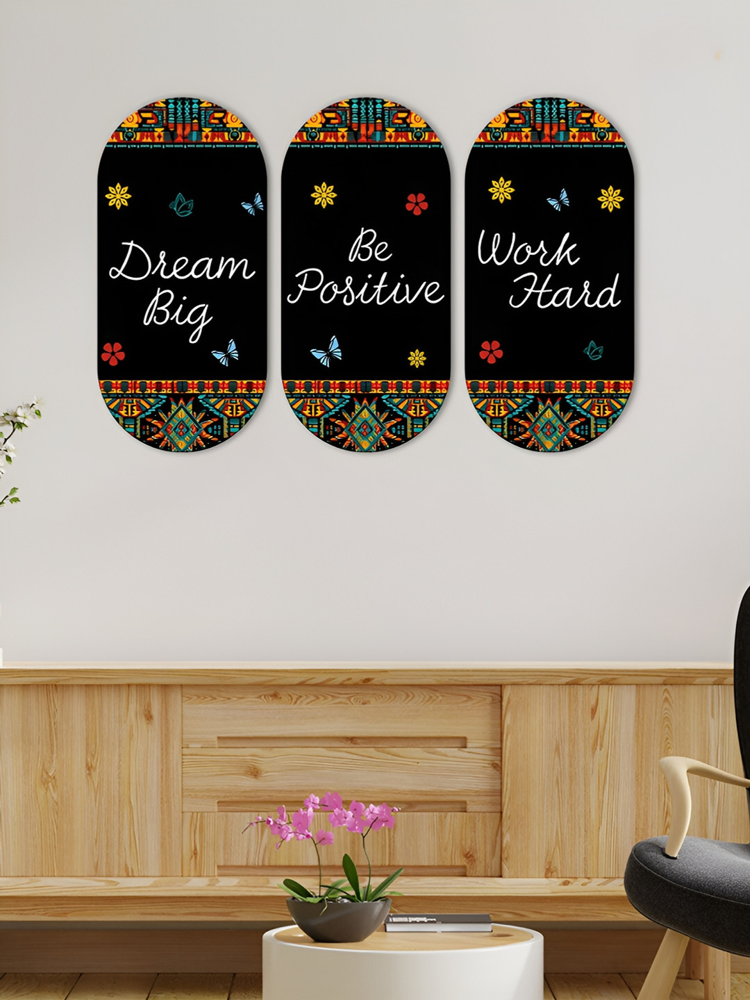 ArtVibes Work Hard Quotes Decorative Wood Ethnic Motifs Glossy 3Pcs Wall Hangings-4.5In
