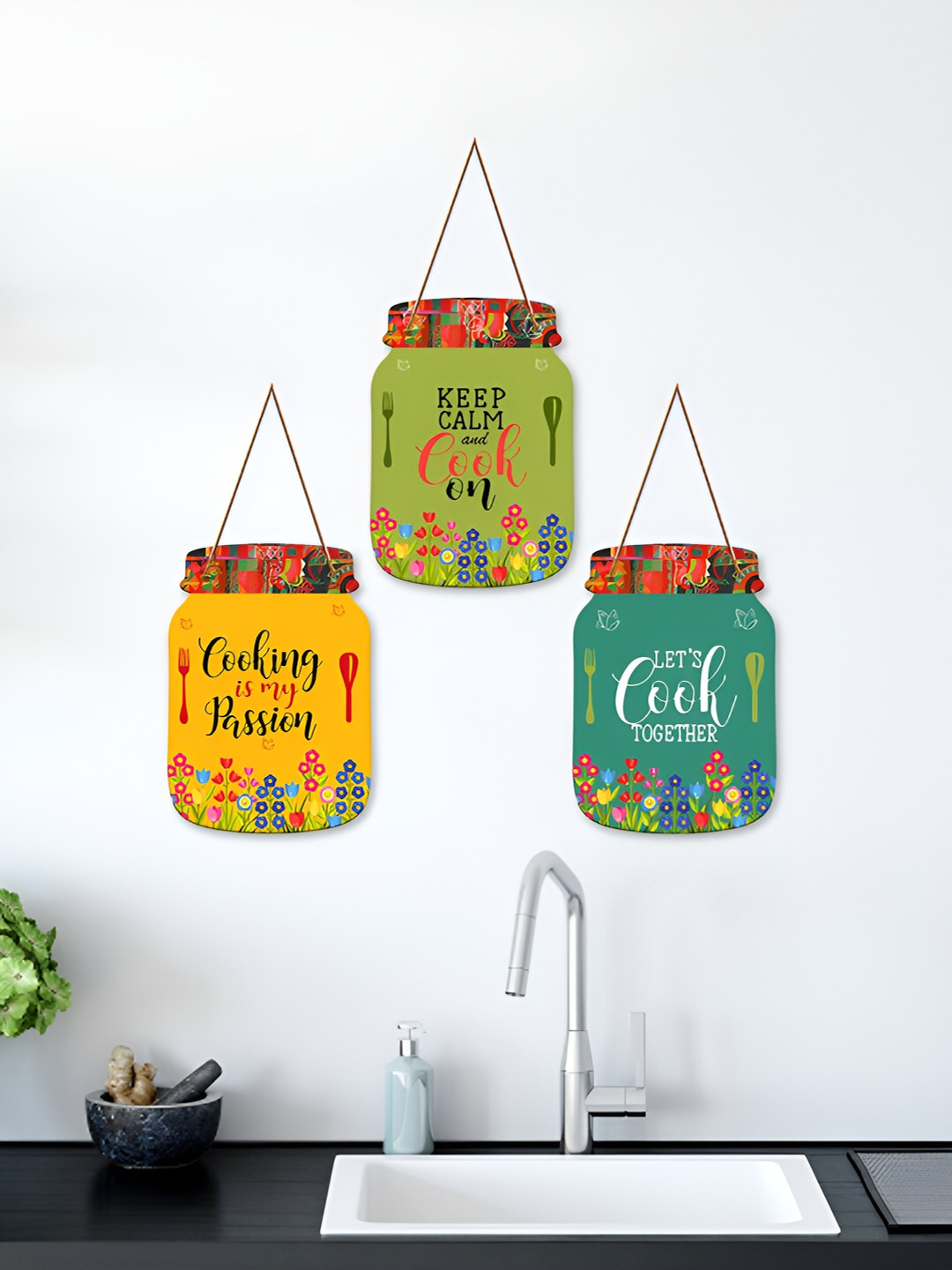 ArtVibes Let's Cook Quotes Wood Ethnic Motifs Matte Hanging Hall 3Pcs Wall Hangings-8In