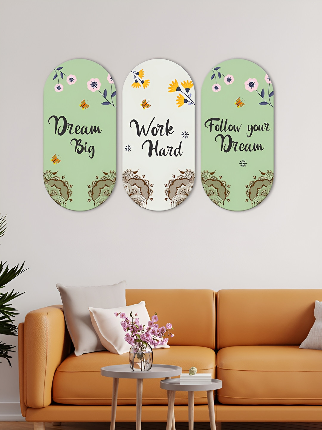 ArtVibes Follow Dream Quotes Wood Floral Matte Hall 3Pcs Wall Hangings-11.5In