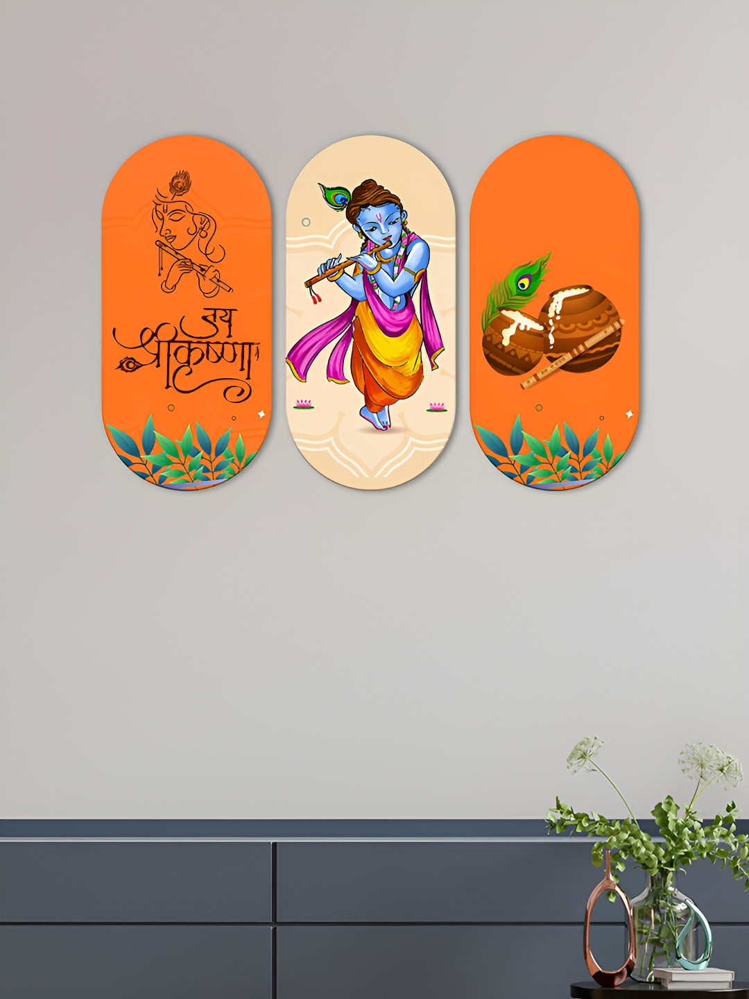 ArtVibes Shree Krishna Wood Ethnic Motifs Matte Hall 3Pcs Spiritual Wall Decor-11In
