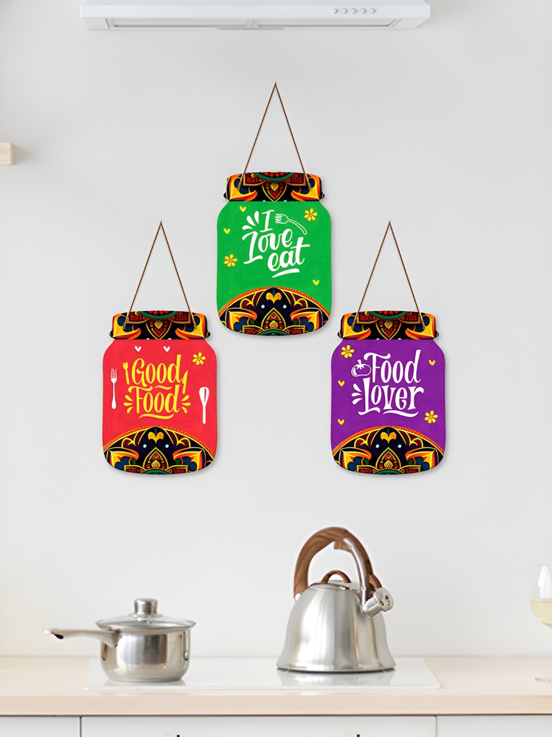 ArtVibes I Love Eat Quotes Wood Ethnic Motifs Glossy Hanging Hall 3Pcs Wall Hangings-25In