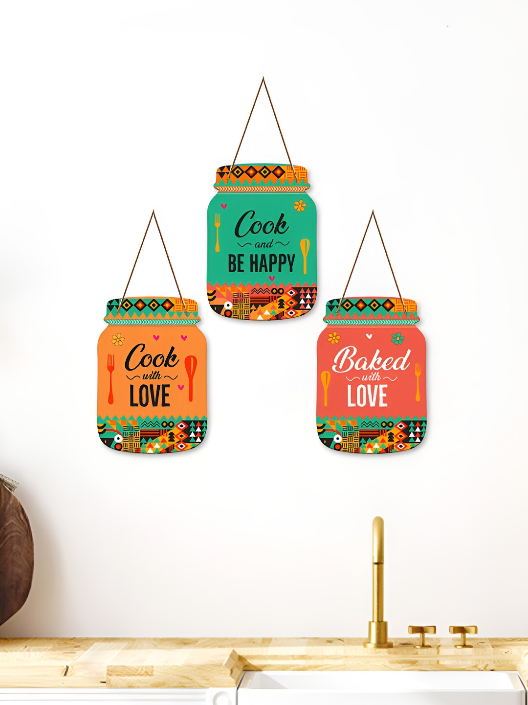 ArtVibes Wood Ethnic Motifs Glossy Hanging Hall 3Pcs Wall Hangings-25In