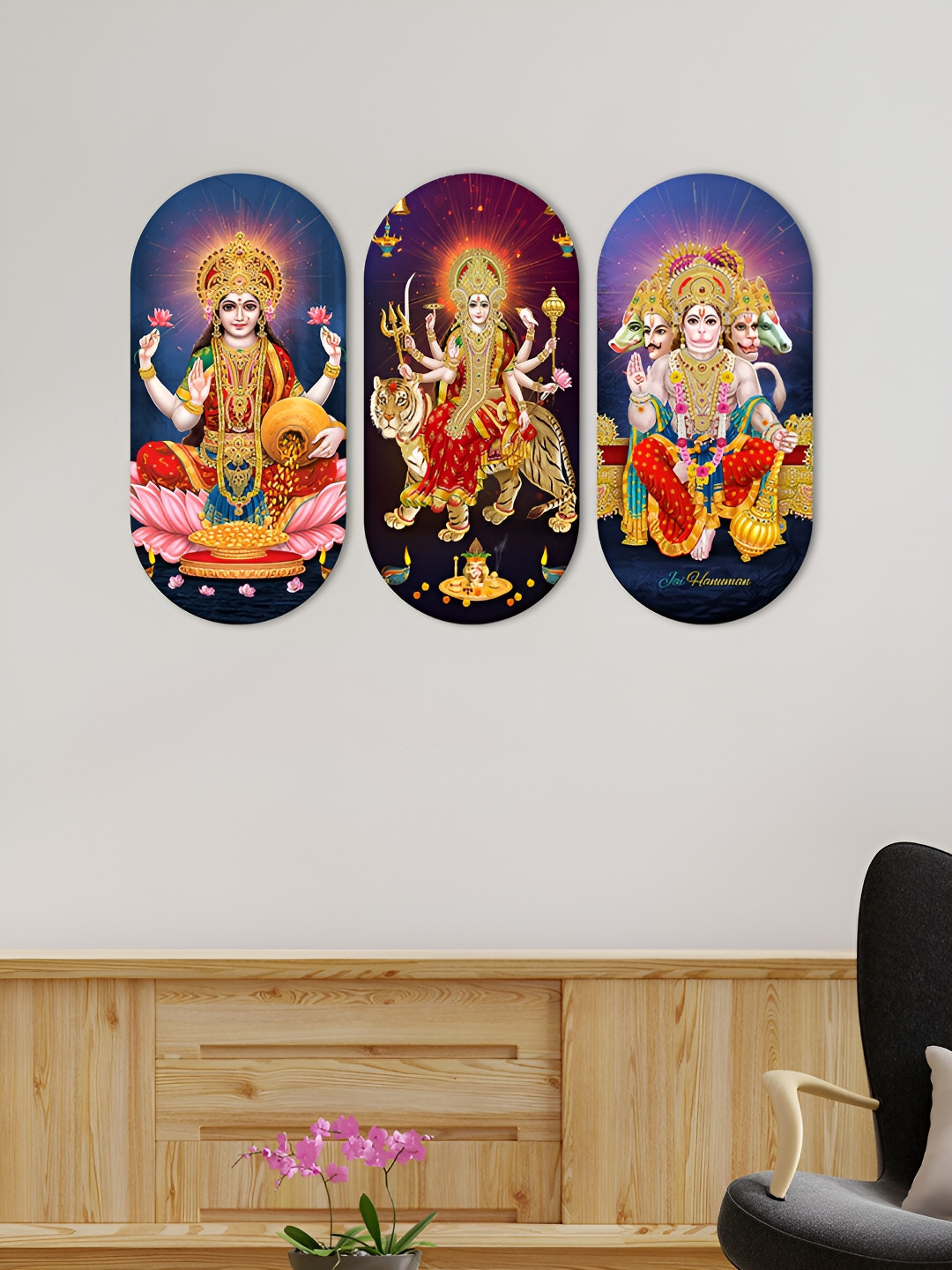 ArtVibes Maa Durga Wood Ethnic Motifs Matte Hanging Hall 3Pcs Spiritual Wall Decor-11.5In