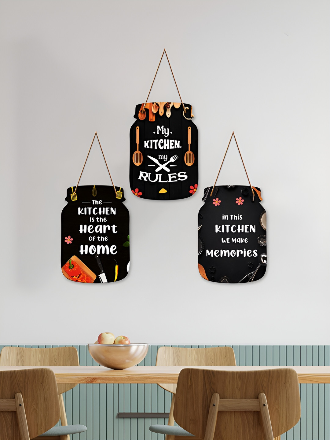 ArtVibes Kitchen Rules Quotes Wood Matte Hanging Hall 3Pcs Wall Hangings-8In
