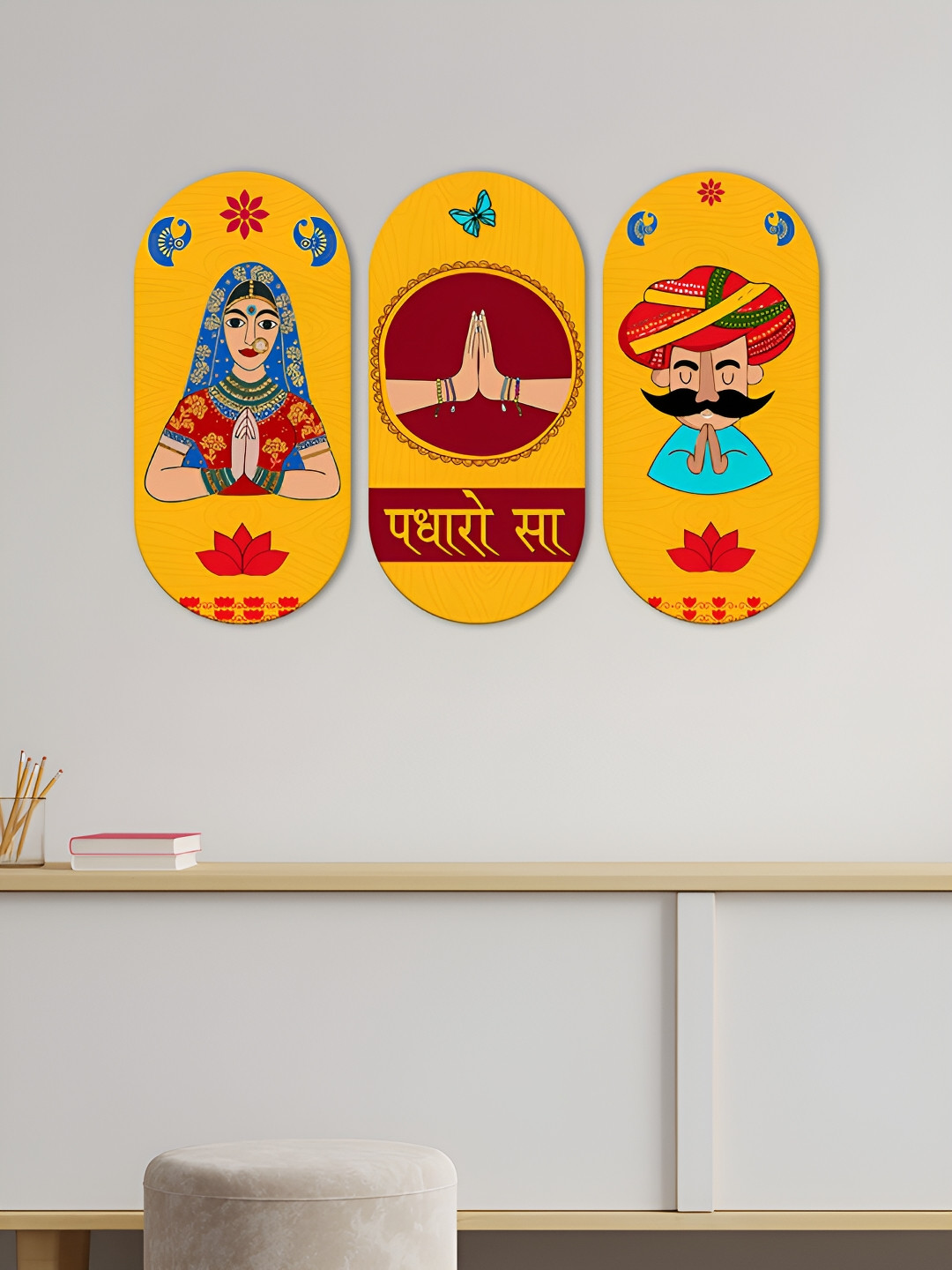 ArtVibes Padharo Sa Wood Ethnic Motifs Matte Hanging Hall 3Pcs Wall Hangings-11.5In