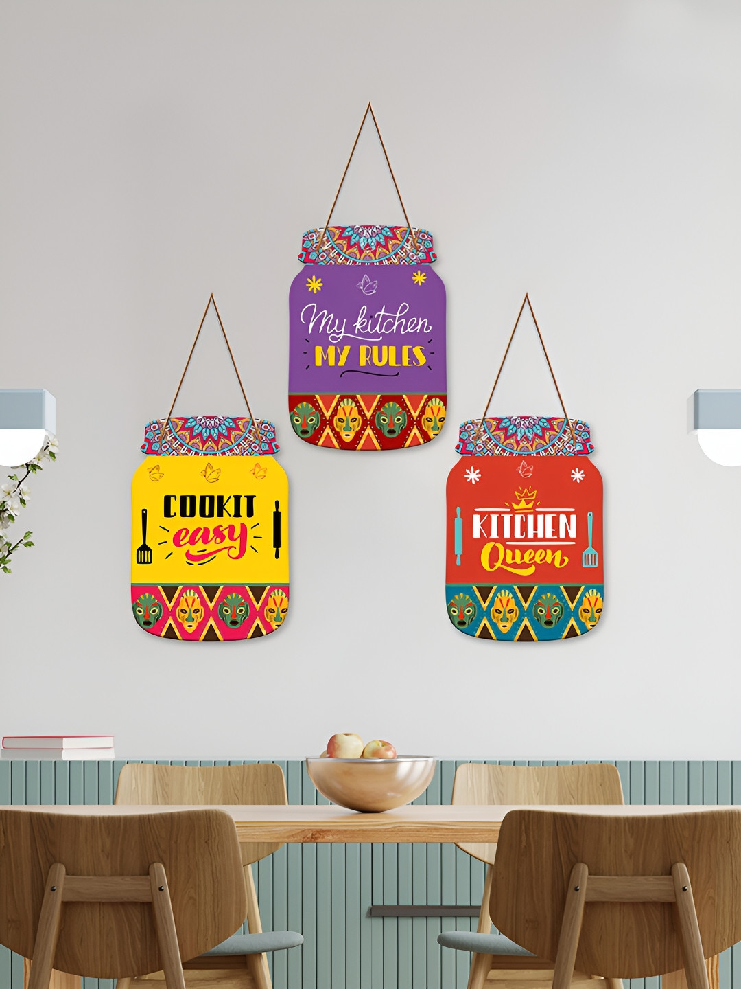 ArtVibes Kitchen Queen Quotes Wood Ethnic Motifs Glossy Hall 3Pcs Wall Hangings-25In