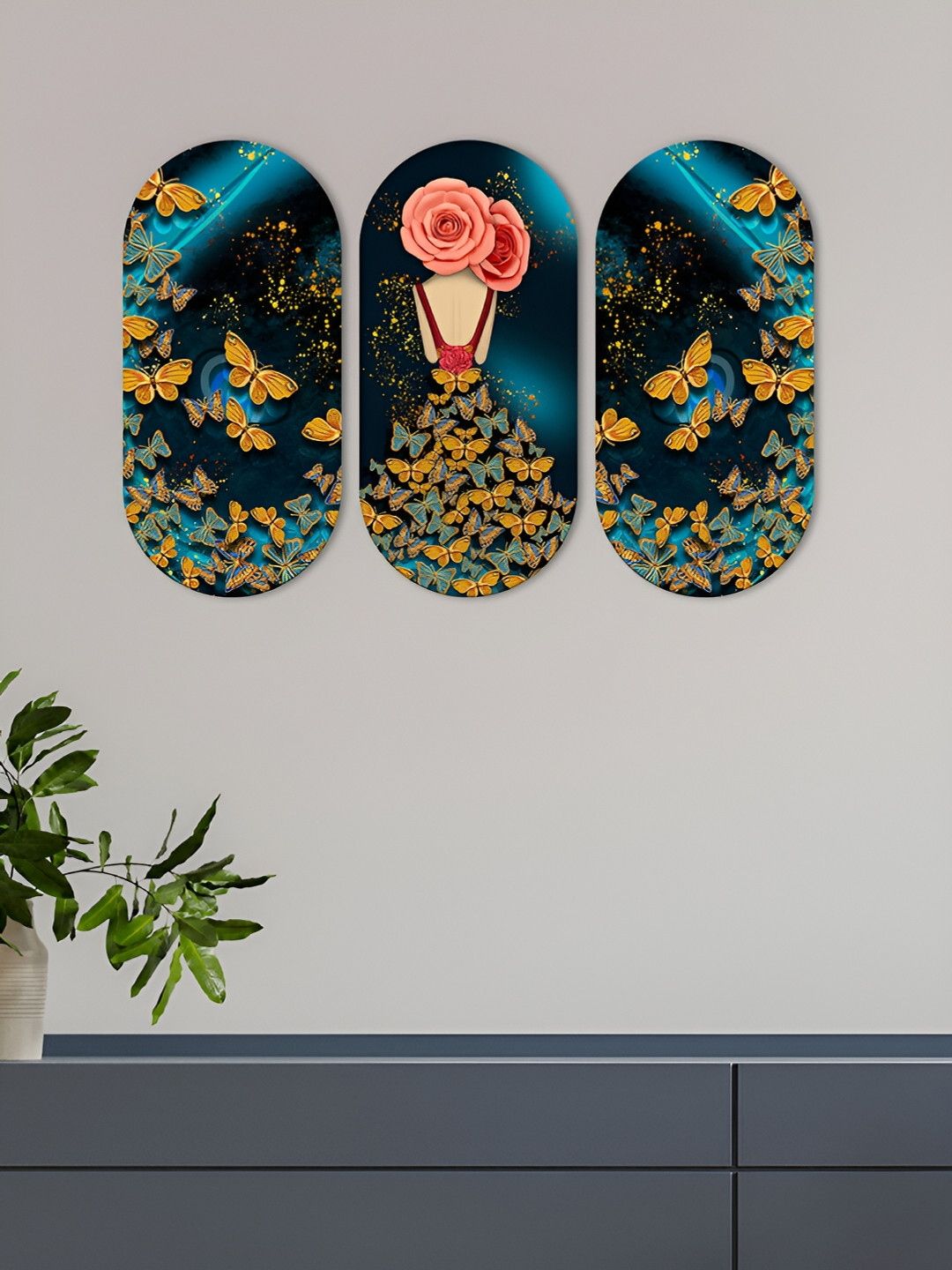 ArtVibes Butter Fly Wood Floral Matte Hanging Hall 3Pcs Wall Hangings-11.5In